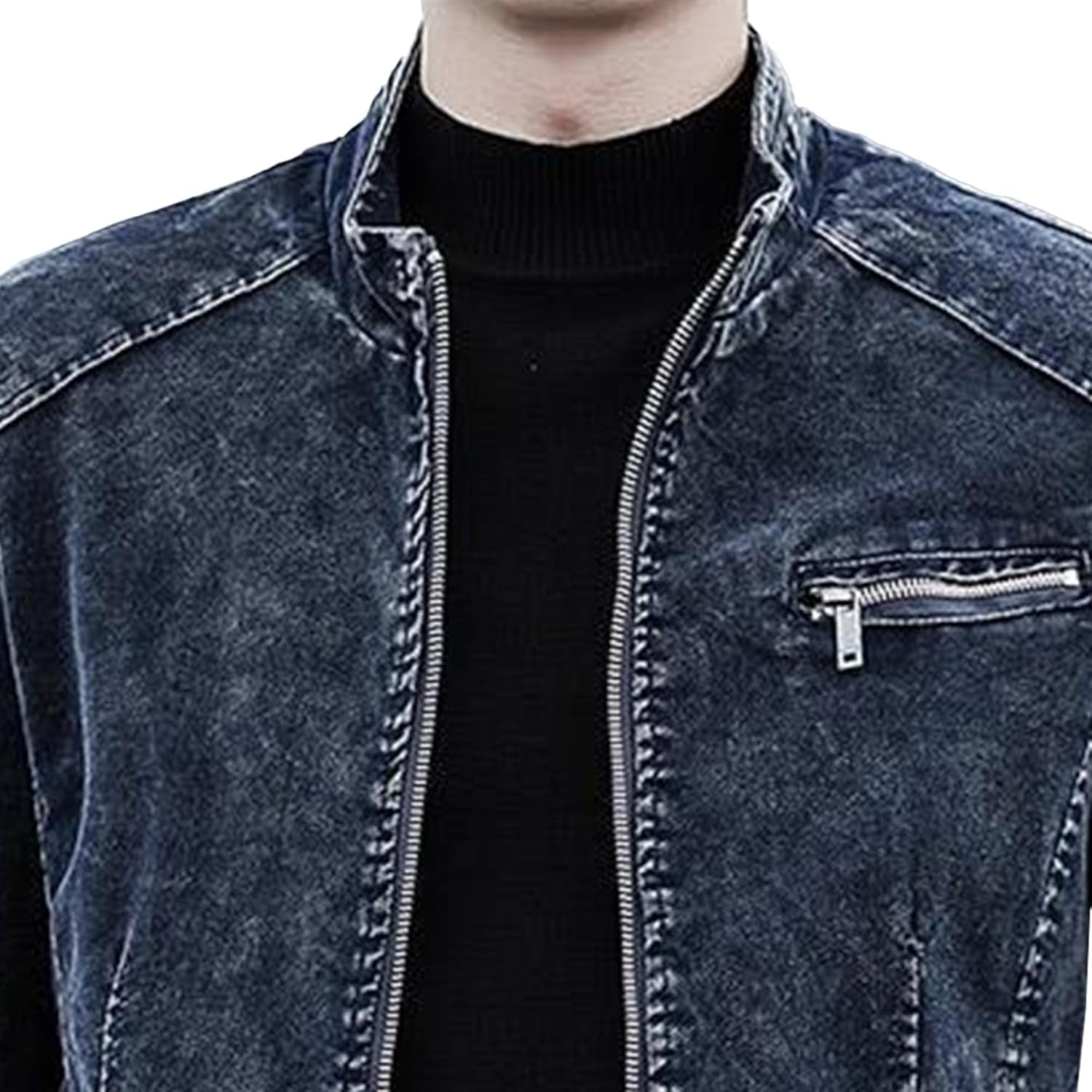 Men's Full Zipper Denim Jackets Long Sleeve Solid Color Cowboys Coats Fall Winter Stand Collar Slim Fit Outwear