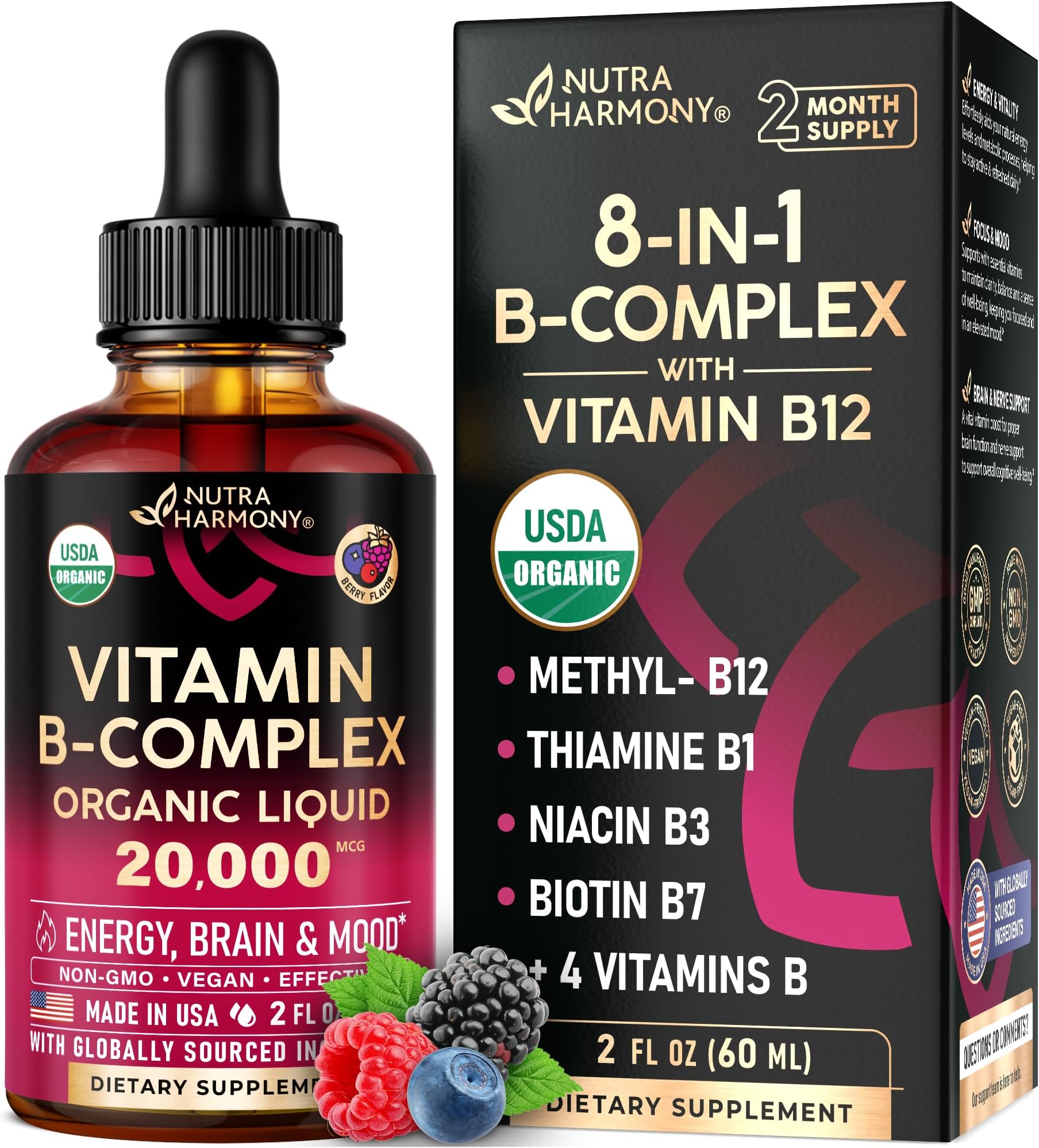 USDA Organic Vitamin B-Complex B5 Pantothenic Acid | B12 Methylcobalamin | B1 Thiamine | B6 Pyridoxine | B7 Biotin | B9 Folic | B3 Niacinamide - B Complex Liquid Drops, Natural Berry Flavor, 2fl oz