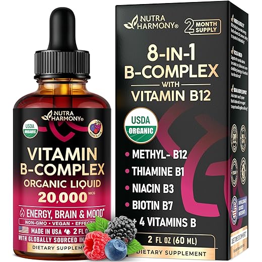 USDA Organic Vitamin B Complex Liquid Drops - 8-in-1 B Complex Vitamins: B1, B2, B3, B5, B6, B7, B8, B9, B12 - Made in USA - Energy, Brain & Heart Support - Natural Berry Flavor - 2 Month Supply