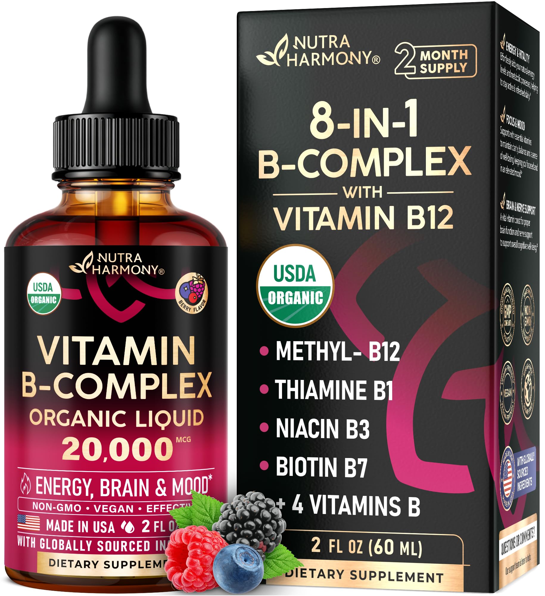 USDA Organic Vitamin B-Complex B5 Pantothenic Acid | B12 Methylcobalamin | B1 Thiamine | B6 Pyridoxine | B7 Biotin | B9 Folic | B3 Niacinamide - B Complex Liquid Drops, Made in USA Supplement, 2fl oz