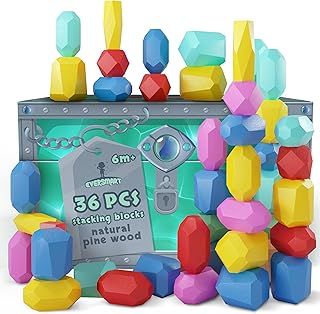 Wooden Stacking Blocks – Montessori Toys for 1 2 3 4 5 6 Year Old Toddlers and Kids, No Choking Hazard – Building Rocks Stones Games, for Girls and Boys