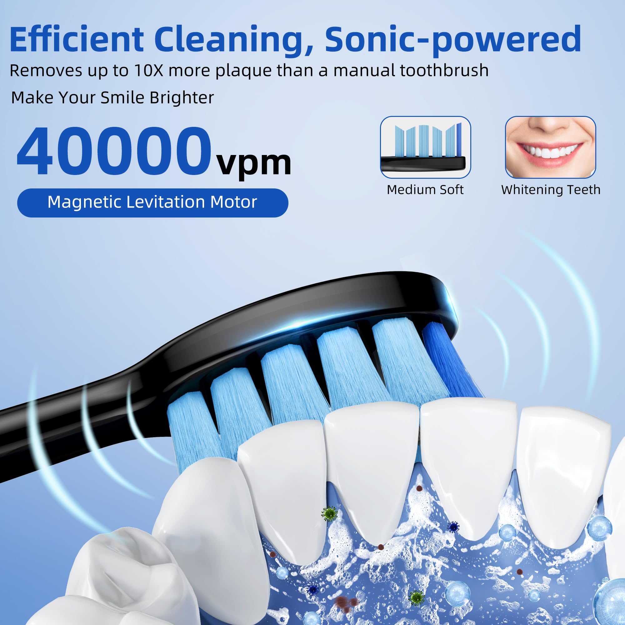 Vexloria Brosse a Dent Electrique Adulte Enfant avec 6 Têtes de Brosse, 5 Modes et Minuterie, IPX7 Brosse à Dents Électrique Ultrasons pour Femmes Hommes, Noir