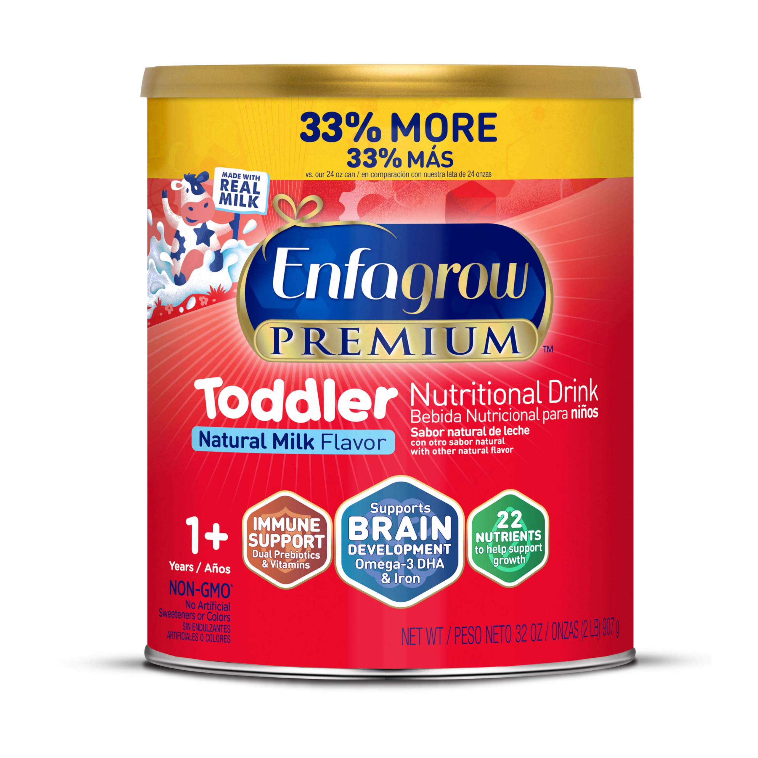Enfagrow Premium Toddler Nutritional Drink, Made with Real Milk, Brain-Building Omega-3 DHA, Nutrients and Prebiotics for Growth & Immune Support, Non-GMO, Toddler Milk Powder, 32 Oz Can
