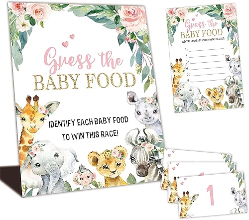 Juego de baby shower - Juego de comida Guess The Baby - Tema de safari floral de acuarela 1 letrero de pie + 25 tarjetas de respuesta + 6 tarjetas