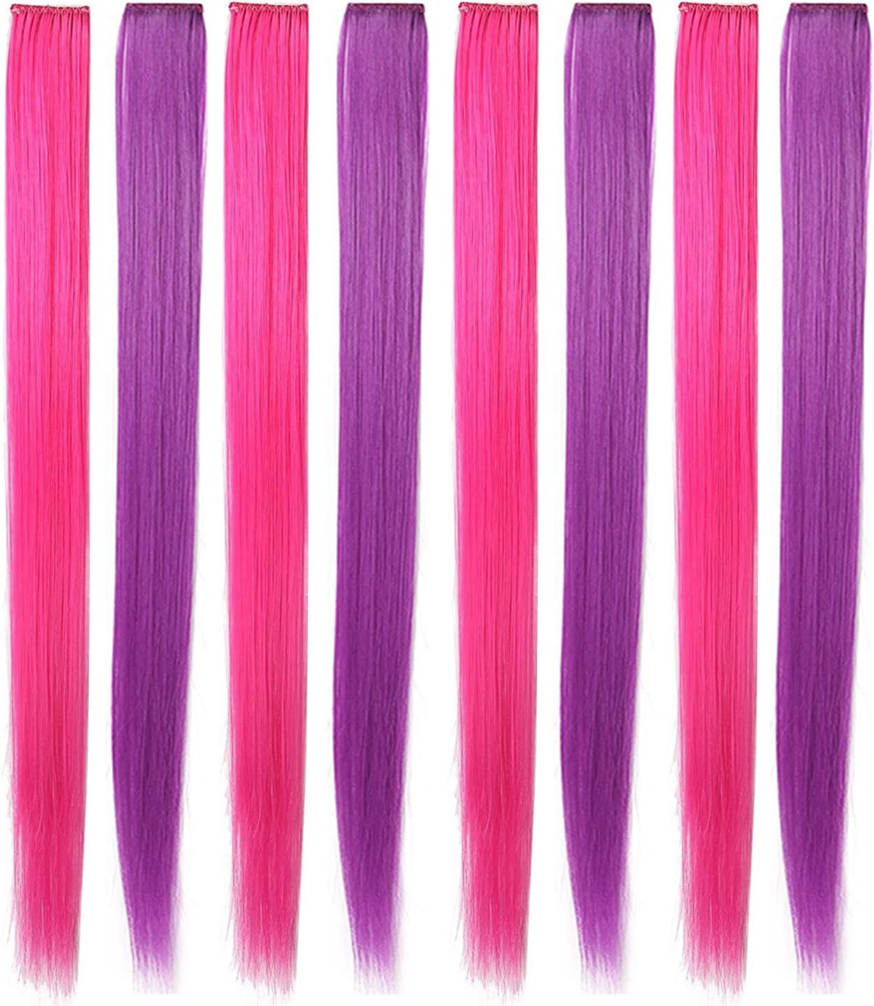 Rhyme Pink Purple Hair Extensions for Women 21 inch Highlight Princess Party Colored Hair Extensions Clip in/on for Women Hair Accessories Wig Pieces 8PCS (Pink Purple)