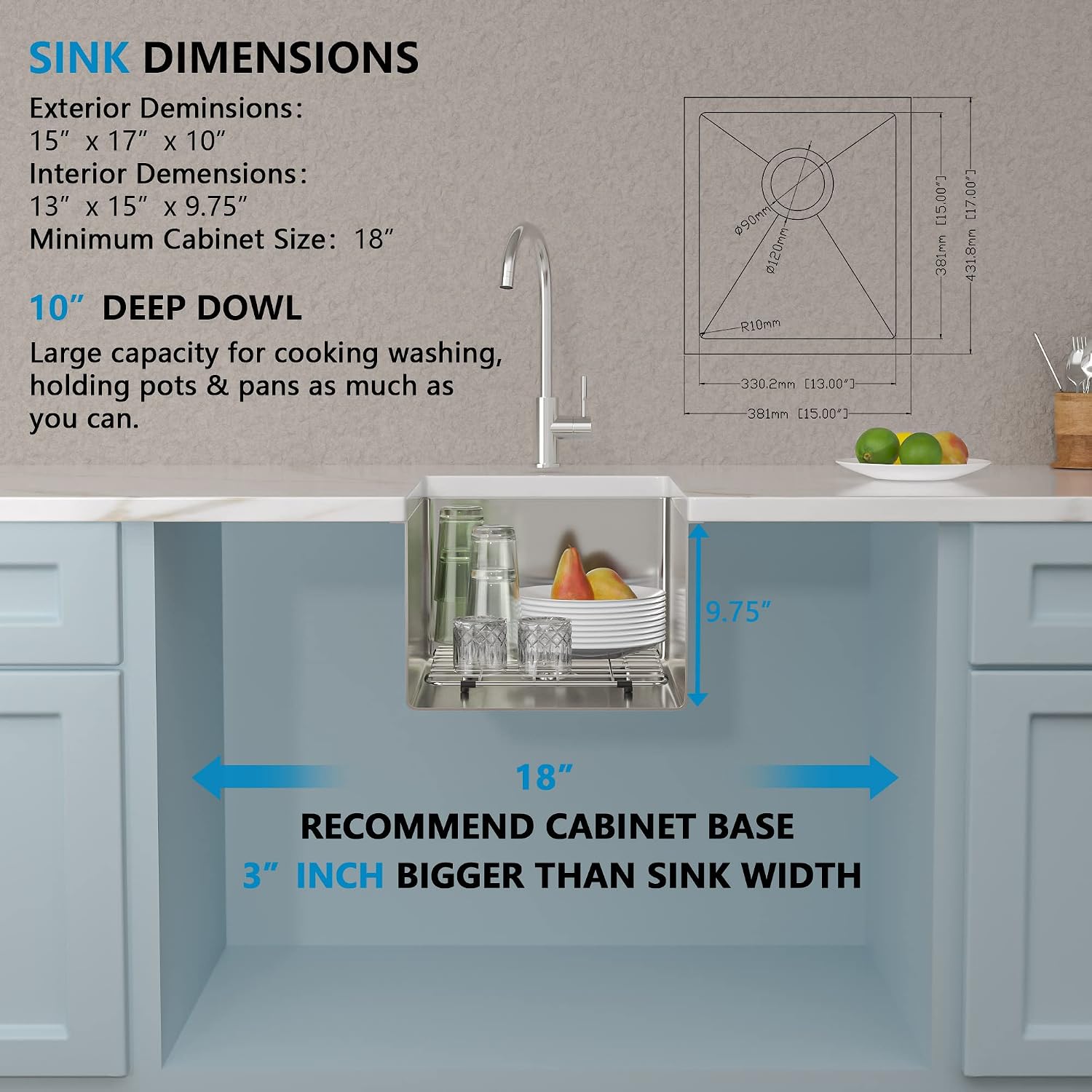 15 Undermount Bar Sink - Fulorni 15"x17" Bar Prep Kitchen Sink Undermount 16 Gauge Stainless Steel Under Counter Single Bowl Sink Basin