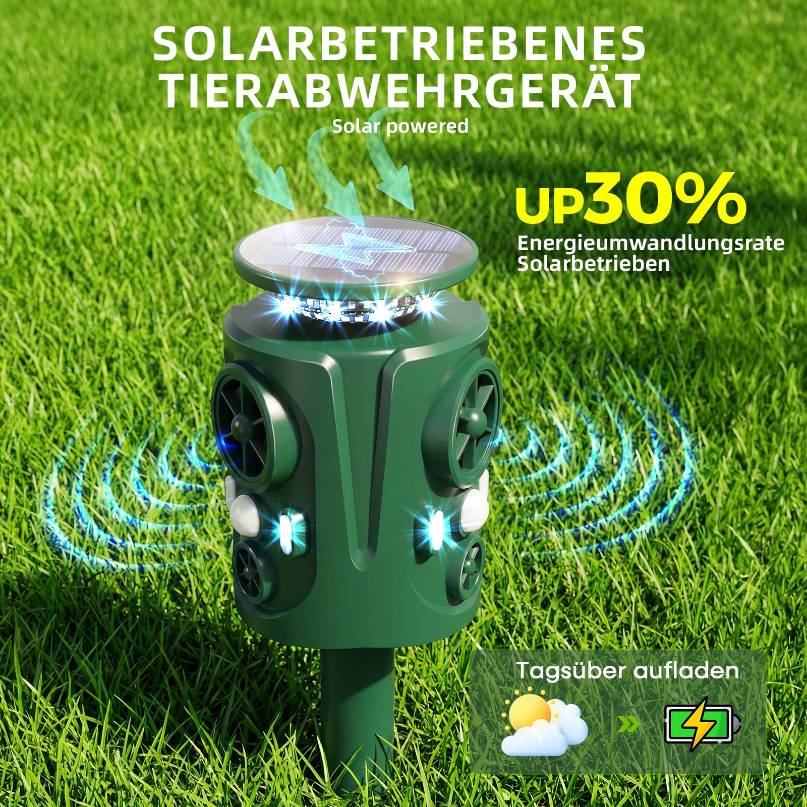 Katzenschreck Ultraschall Marderschreck, 360 Grad Katzenschreck für Garten mit LED-Blitzlicht, IP66 Wasserdicht 5 Modus Solar Tiervertreiber – Katzenabwehr Marderabwehr Vogelabwehr Waschbär Abwehr