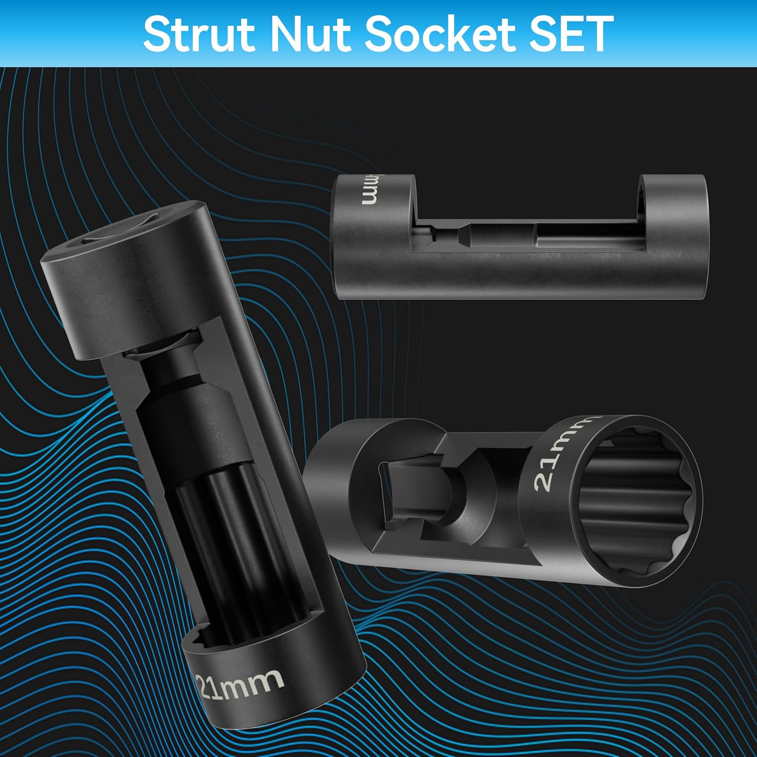 Suspension Strut Socket Tool,5PC Strut Nut Socket 18mm 19mm 21mm 22mm 24mm with 12 Point 1/2" Drive, Easy Remove Strut Nuts