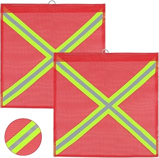 2 Pieces 18 x 18 Inch Reflective Safety Flags with Wire Loop, Red Mesh Warning Flag for Truck Loads Mes, High Visibility Single Sided Cross Shaped Fluorescent Strip for Trailer Hauling Safety Flag