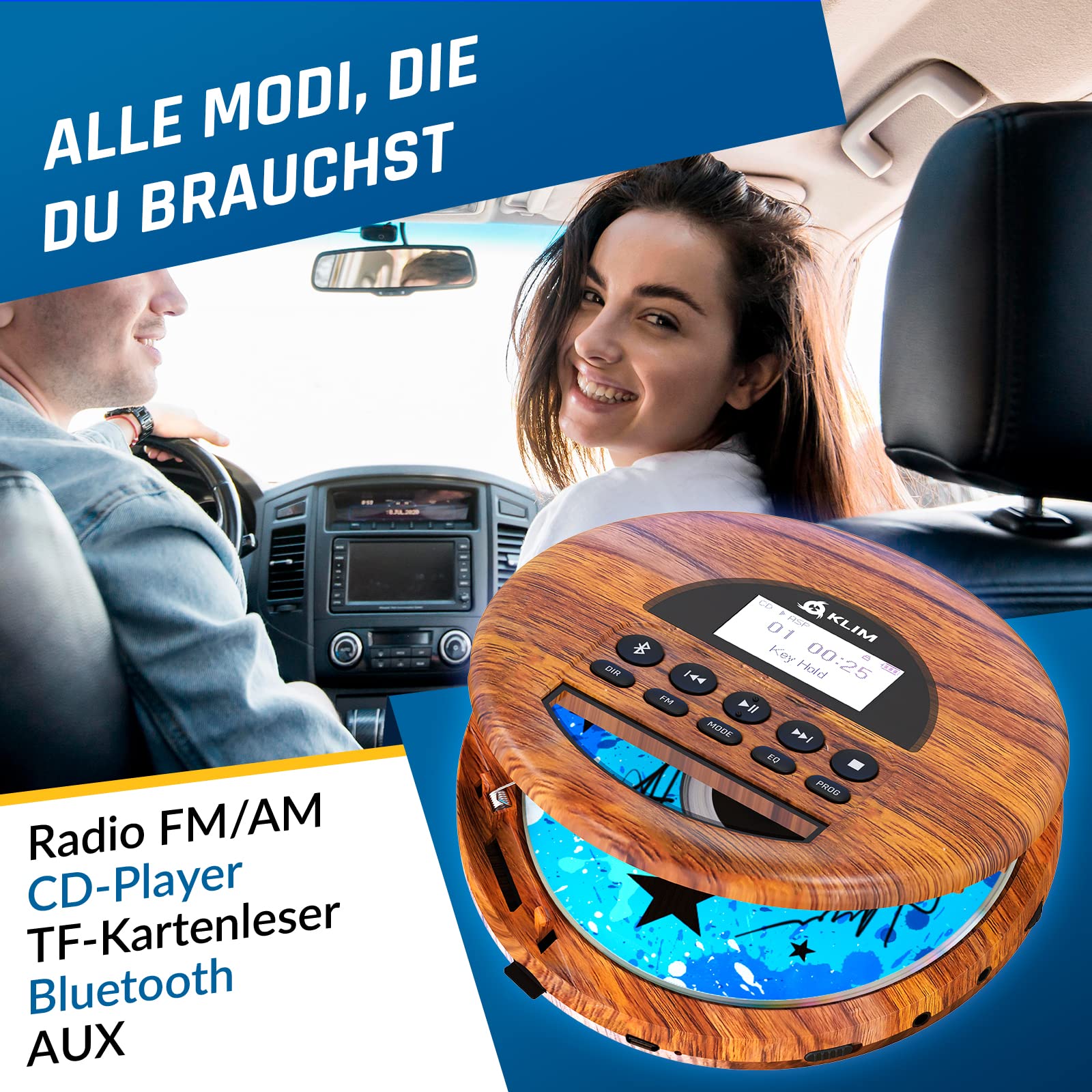 KLIM Nomad Wood – Neuheit – tragbarer CD-Player – integrierter Akku mit langer Lebensdauer – Kopfhörer KLIM Fusion, MP3, TF-Player, tragbares Mini-Radio, Bluetooth – für das Auto