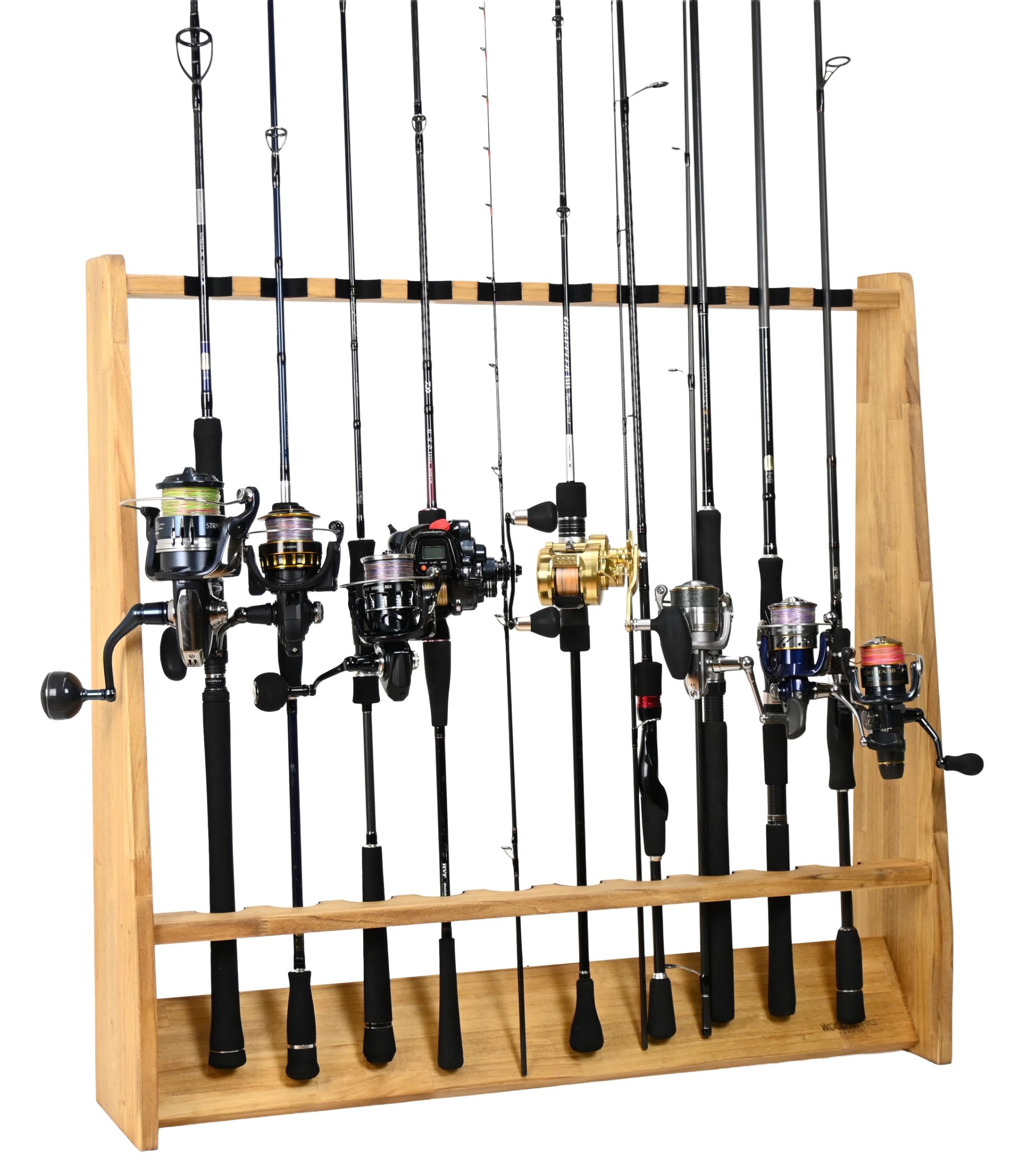 ロッドスタンド 10本 リールスタンド 小物置き&脚付き　国産ヒノキ製 完成品 WOOD WORKS ロッドスタンド10本掛け+リールスタンドAタイプ(Mサイズ
