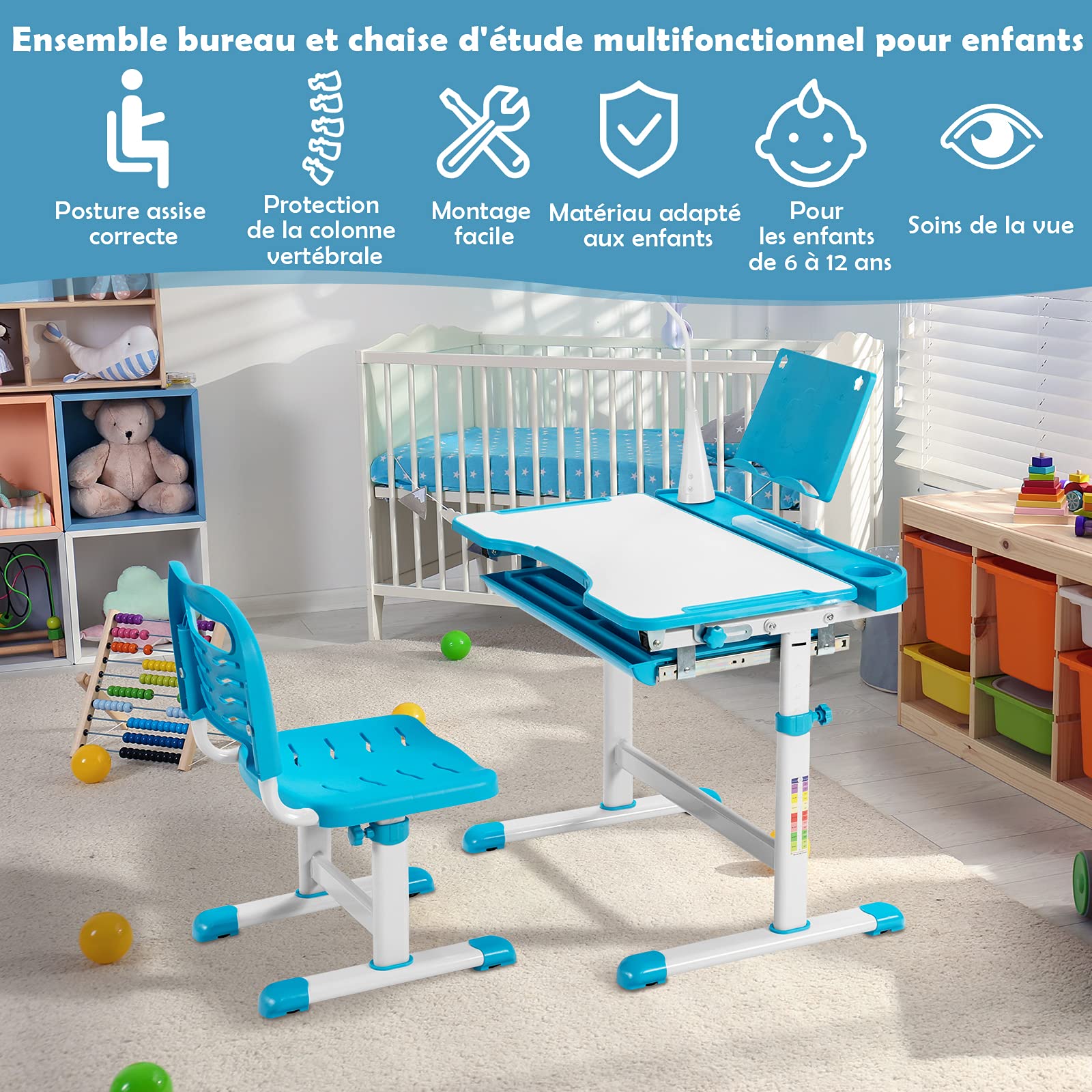 COSTWAY Bureau Enfant Garçon Fille avec Chaise & Plateau Incliné, Table et Chaise Enfant avec Hauteur Réglable & Éclairage à 3 Niveaux, Support de Livre, Tiroir, Charge 80/100kg pour 6-12 Ans, Bleu