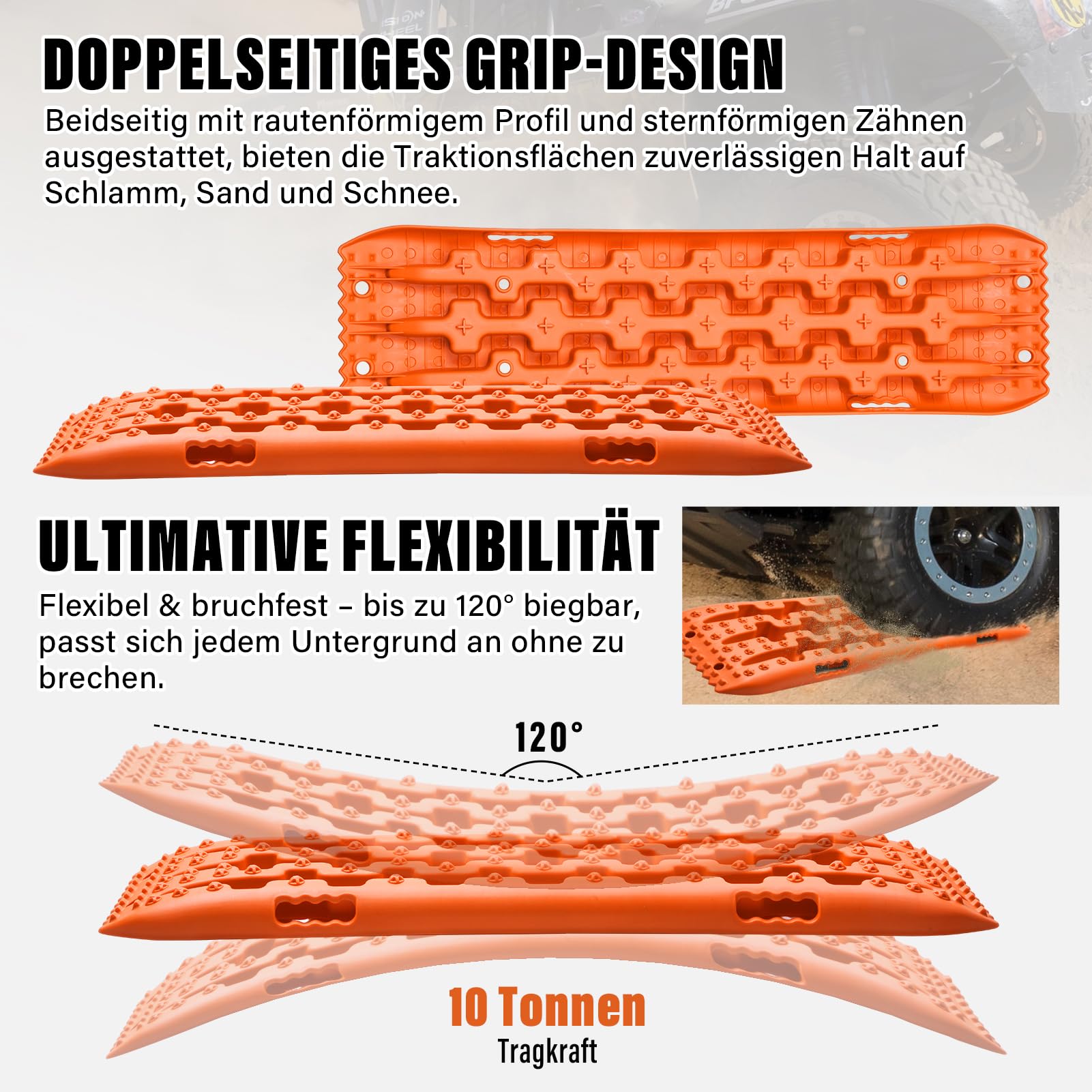 Lot de 2 plaques de sable tout-terrain - Aide au démarrage et à la traction pour camping-car, SUV et camion - Charge maximale de 10 °C - Plaques en plastique pour boue, sable et neige - Flexibles