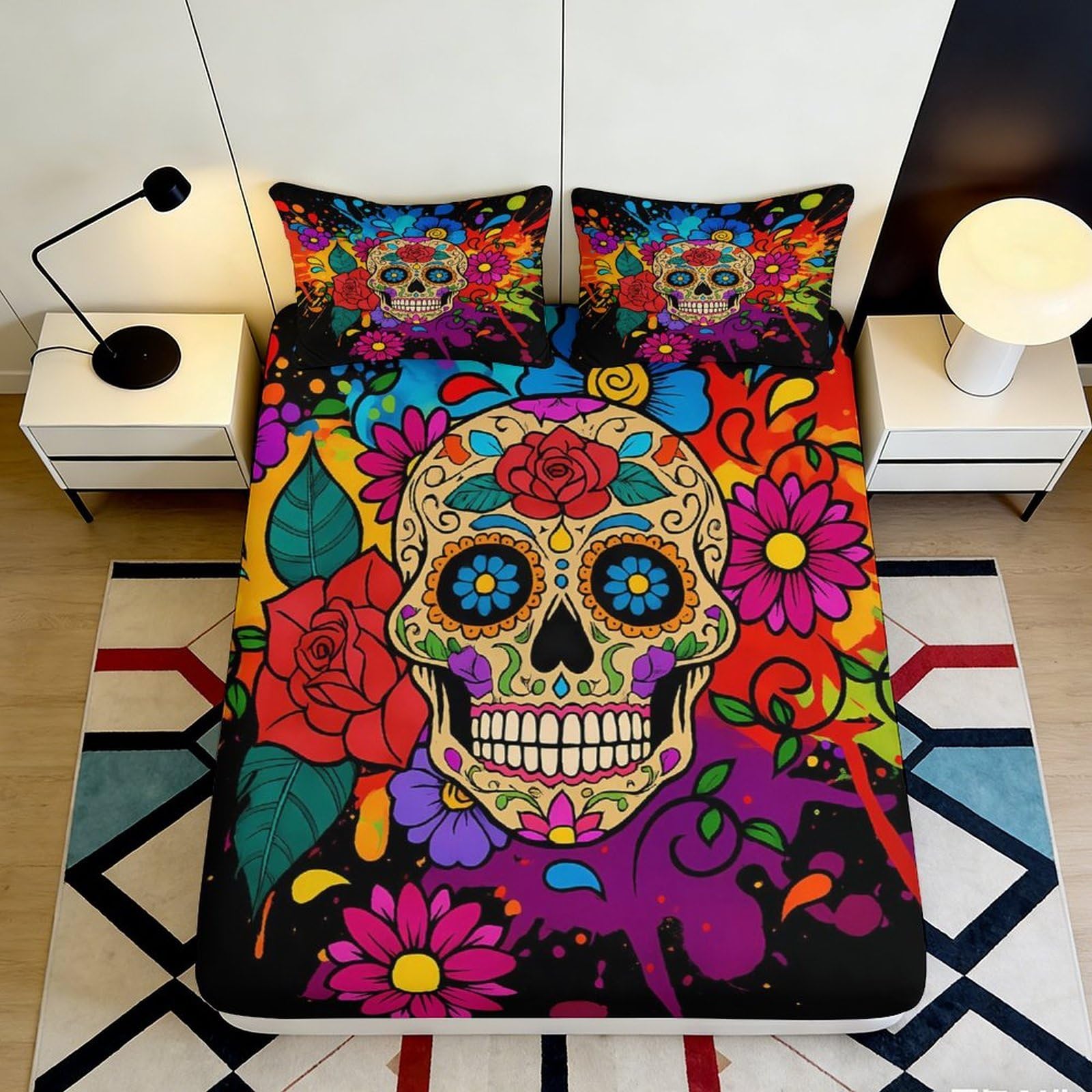3D Printed Colourful Skull Pattern Fitted Sheet Microfiber Deep Pocket Full Wrap Floral Mattress Fitted Cover Non-Slip Washable Bedding 200x200x25cm