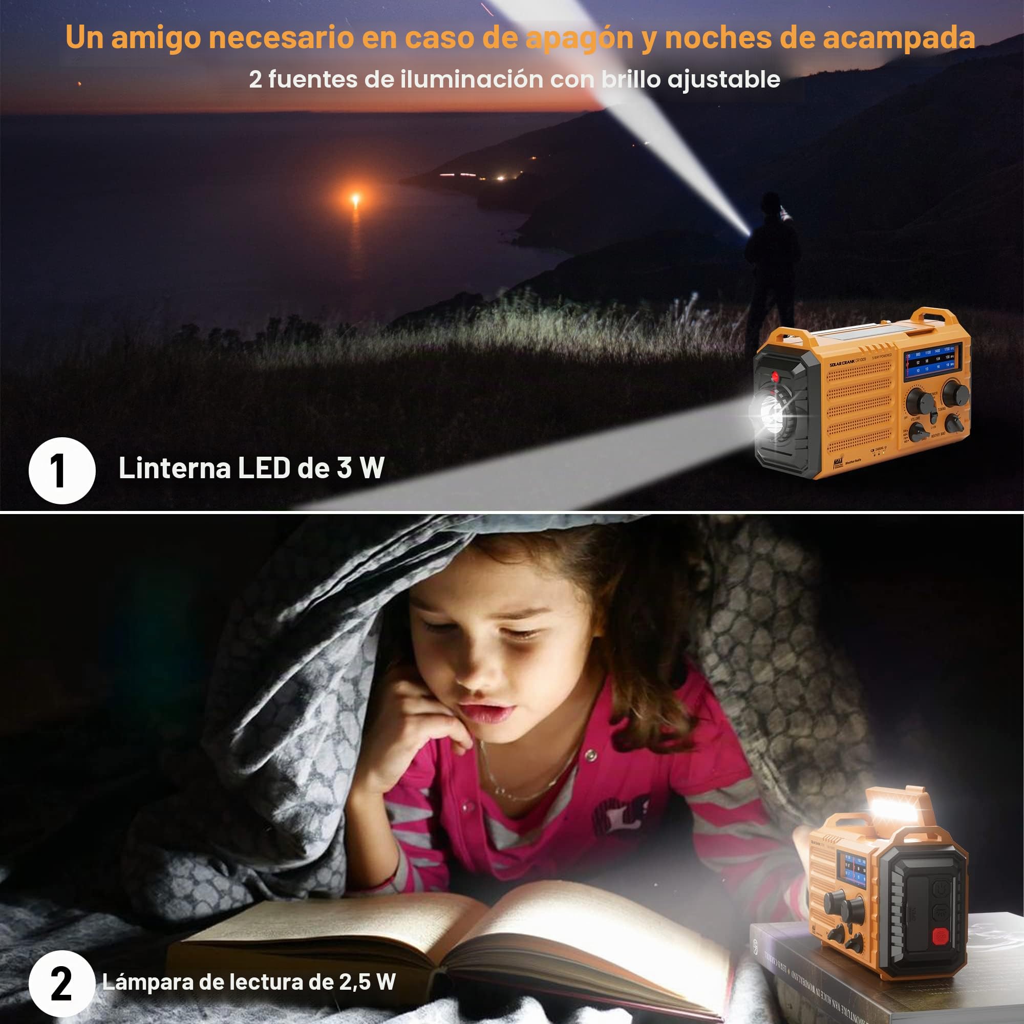 Radio de emergencia NOAA solar portátil, AM/FM, batería recargable, cargador USB, linterna, lámpara de lectura, alarma SOS