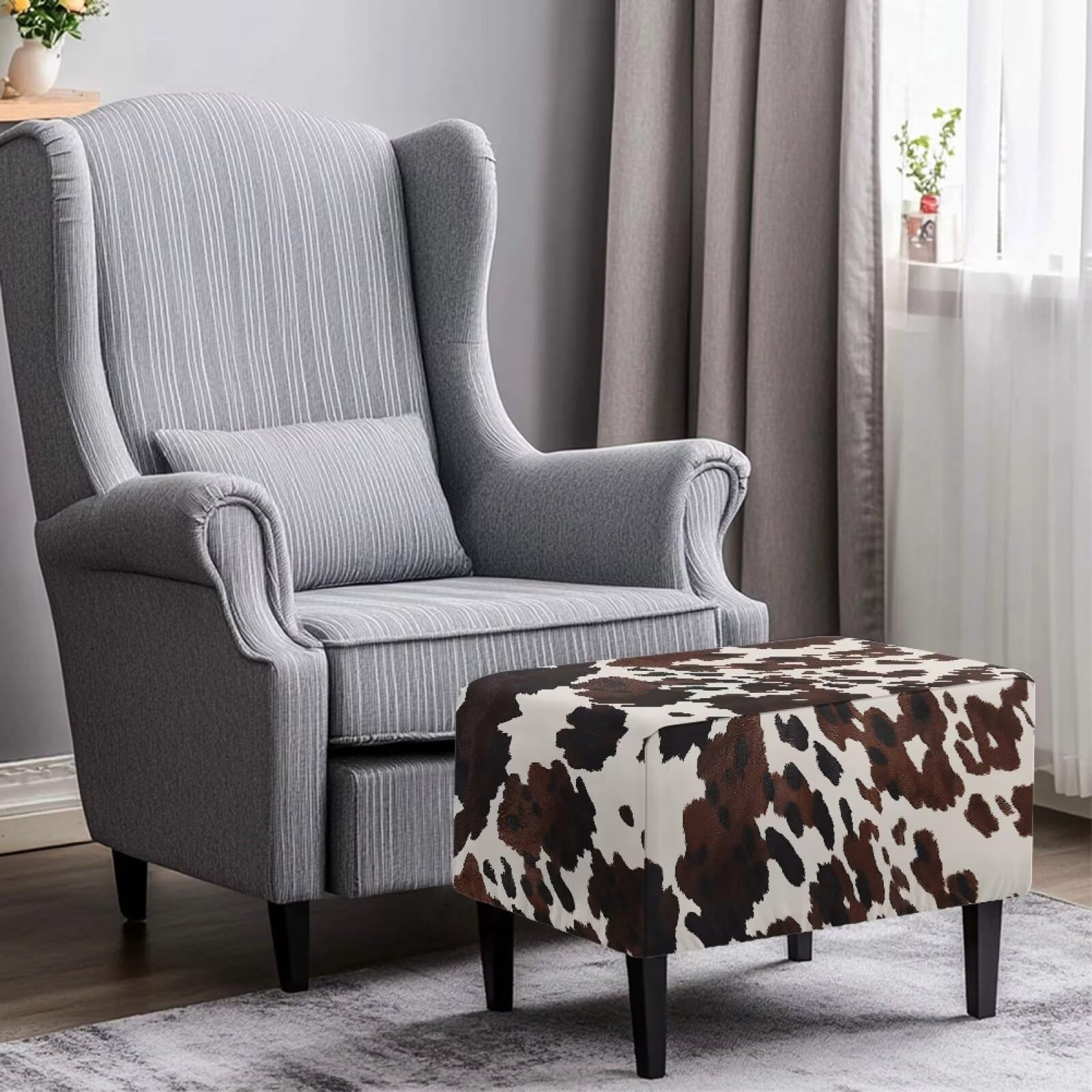 Maiyoinou Brown Cow Print Ottoman Cover Non-Slip Decorative Ottoman Cover for Living Room Furniture Anti-Static Fabric Storage Footrest Stool Covers