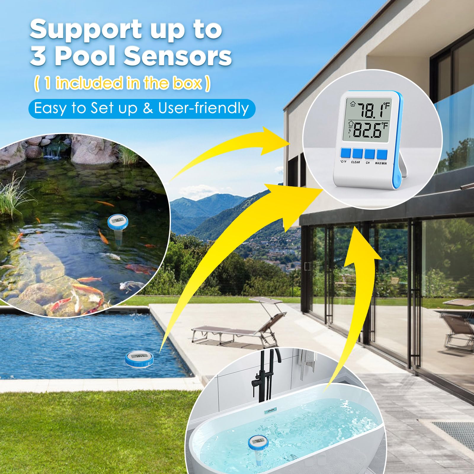 Thermomètre Piscine RF433 Connecté Thermomètre de Piscine， IPX8 Numérique Sans Fil Pool Thermometer pour Piscine, Bains à Remous, Spa, Aquarium, Lecture Facile