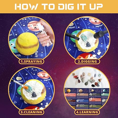 Miniatura 3 de Kit de excavación de piedras preciosas, juego de excavación de planetas 6 en 1, excavar 30 rocas reales, minerales y cristales, juego de exploración