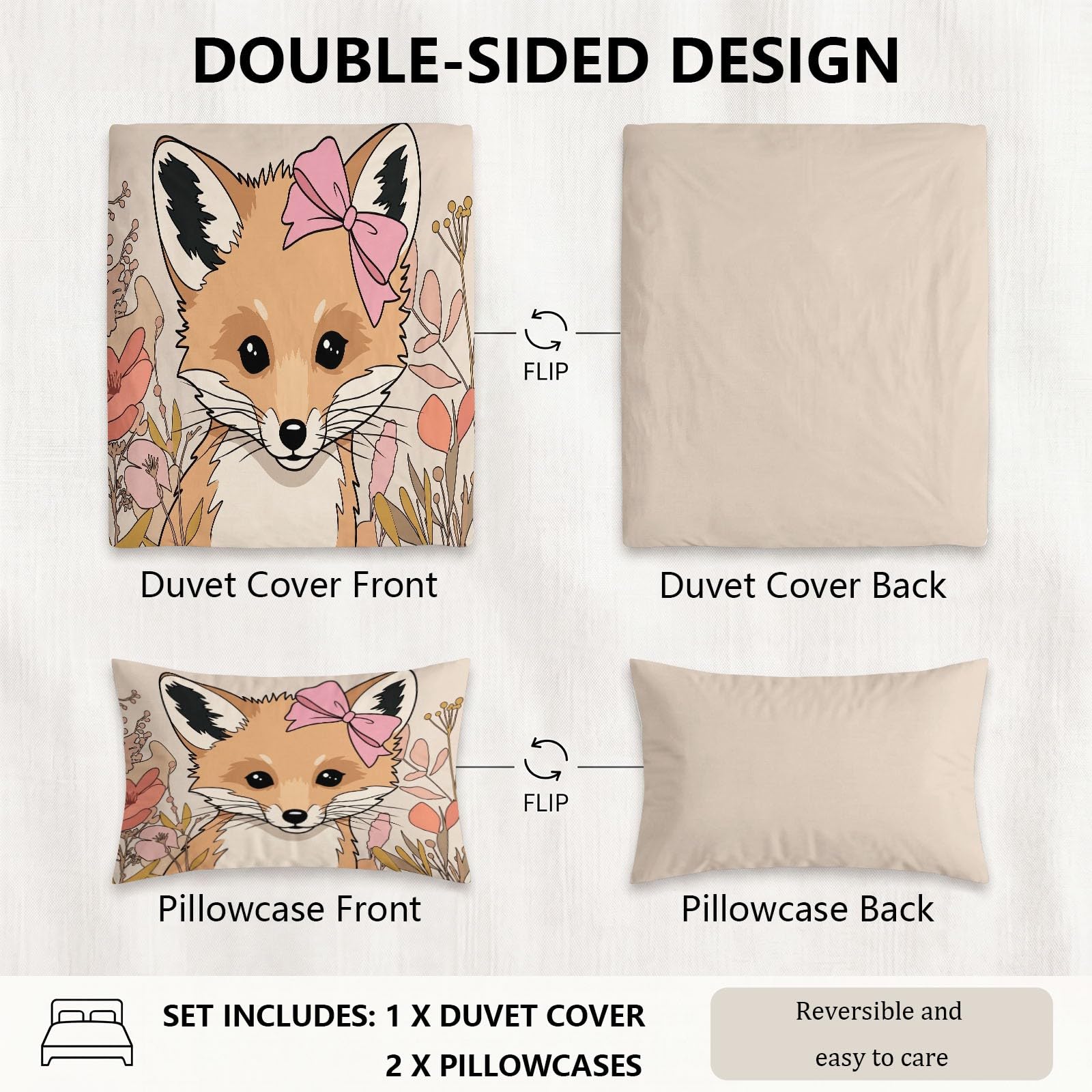 Generisch Bettwäsche Set 3-teilig 200 x 200 cm, Niedlich Handgezeichnet Kinderbettwäsche Mikrofaser mit Reißverschluss - Bettbezug Tiere Fuchs Schleife für Jungen Mädchen Hellbeige Bettwaren