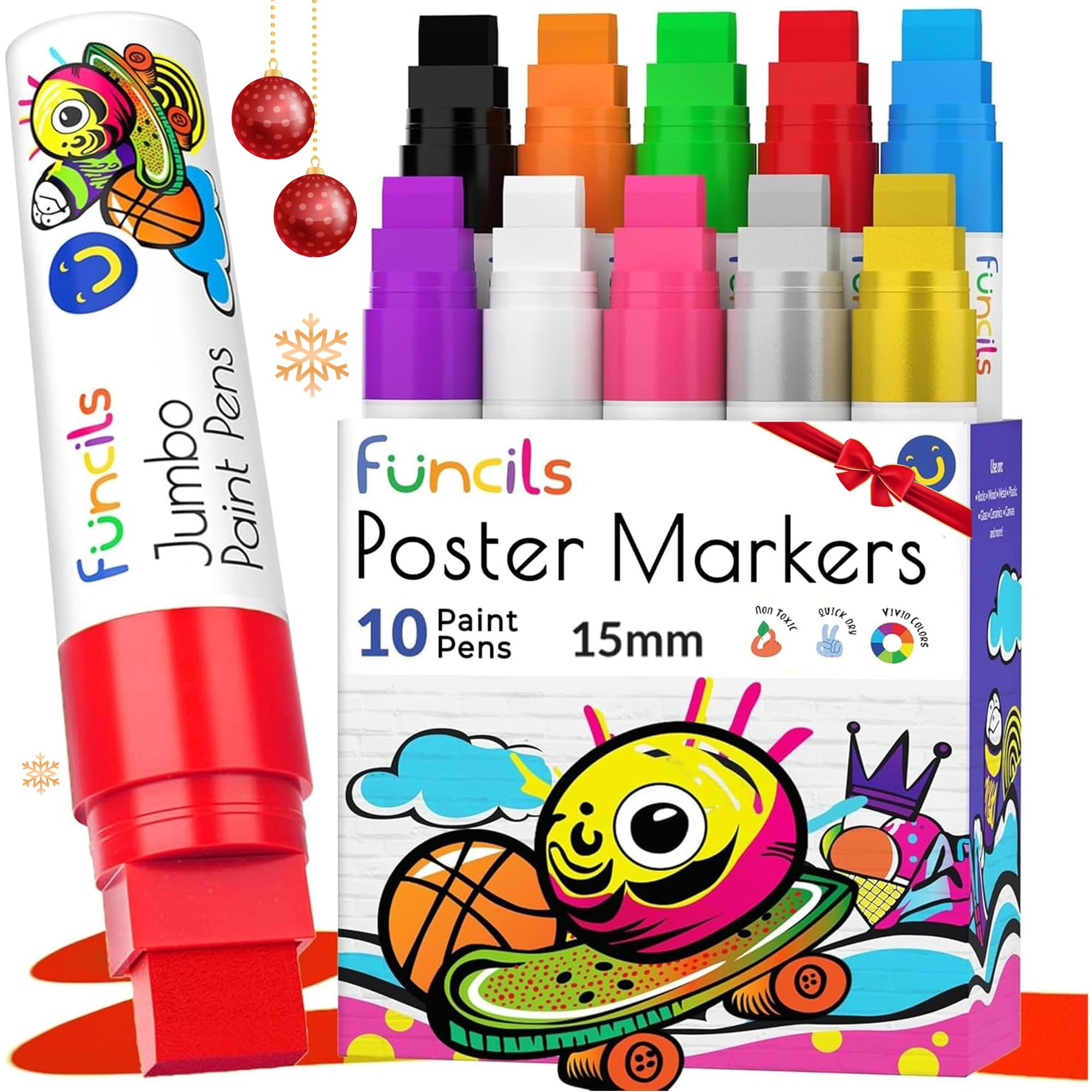 Acrylic Markers, 10 Coloured Permanent Paint Pens, 15mm Jumbo Felt Tip Graffiti Markers for Painting Stones, Glass, Fabric, Ceramics, Wood, Canvas