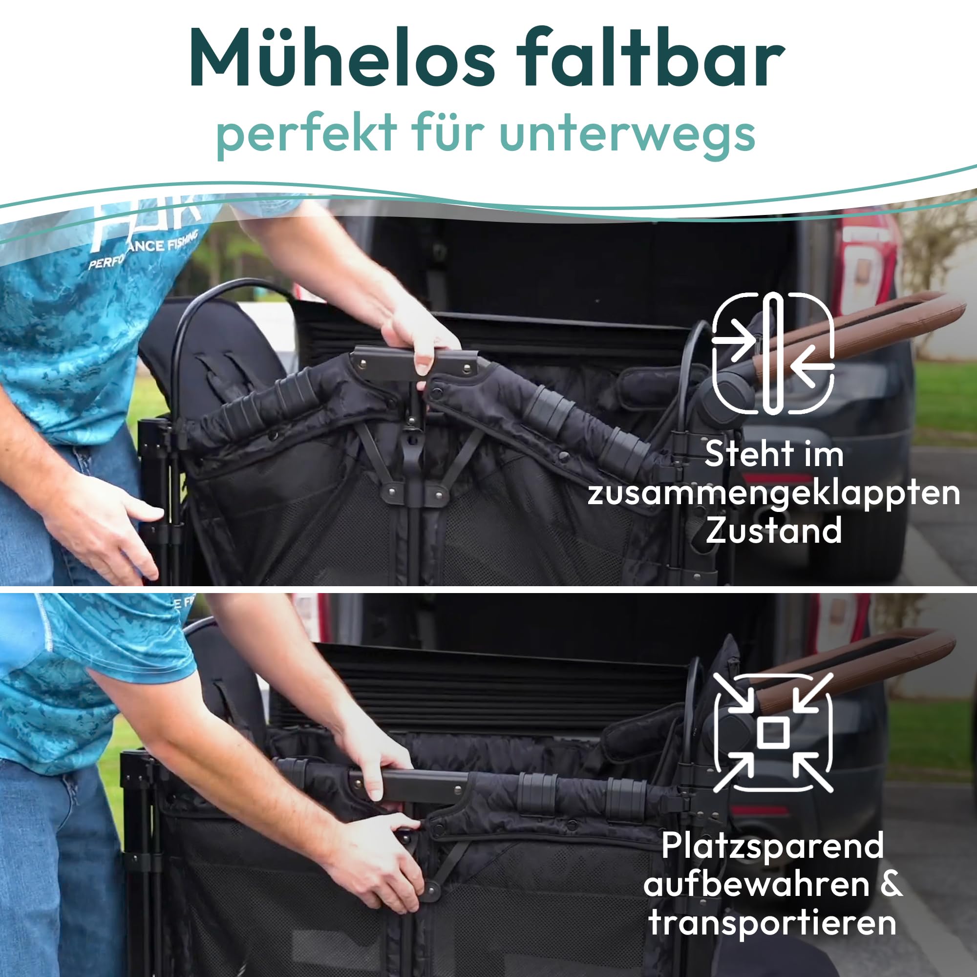 WonderFold W2 Luxe KinderVan 2 Hochsitze 5-Punkt-Sicherheitsgurten verstellbarer Schiebegriff UV-Schutzverdeck Volcano Black