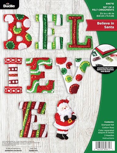 Bucilla 89671E - Kit de fabricación de adornos de 7 piezas, Believe in Santa, perfecto para manualidades y manualidades, 89671E