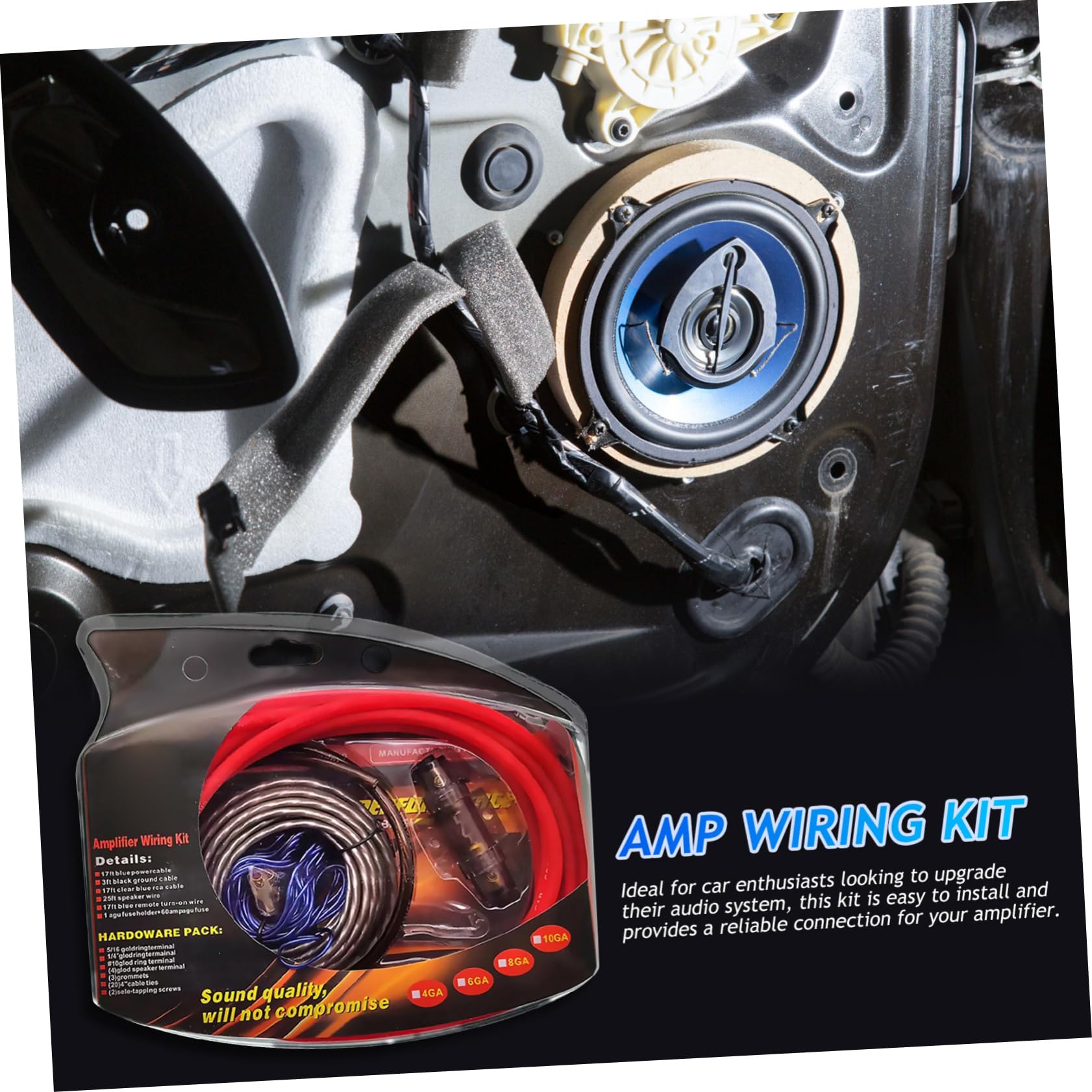 Kit de Câblage pour Amplificateur de Voiture 4 Gauge, Solution Complète D'installation pour Système Audio Auto, Porte-fusible, 1 Set
