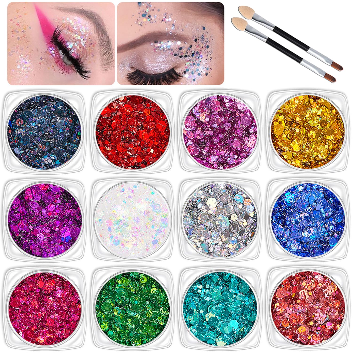 YrarbilBody Glitter Face Glitter Gel, 12 Colors Holographic Sequins Makeup Festival Glitter Gel for Body, Face Eyeshadow, Nails and Hair, Comes with Two Brushes