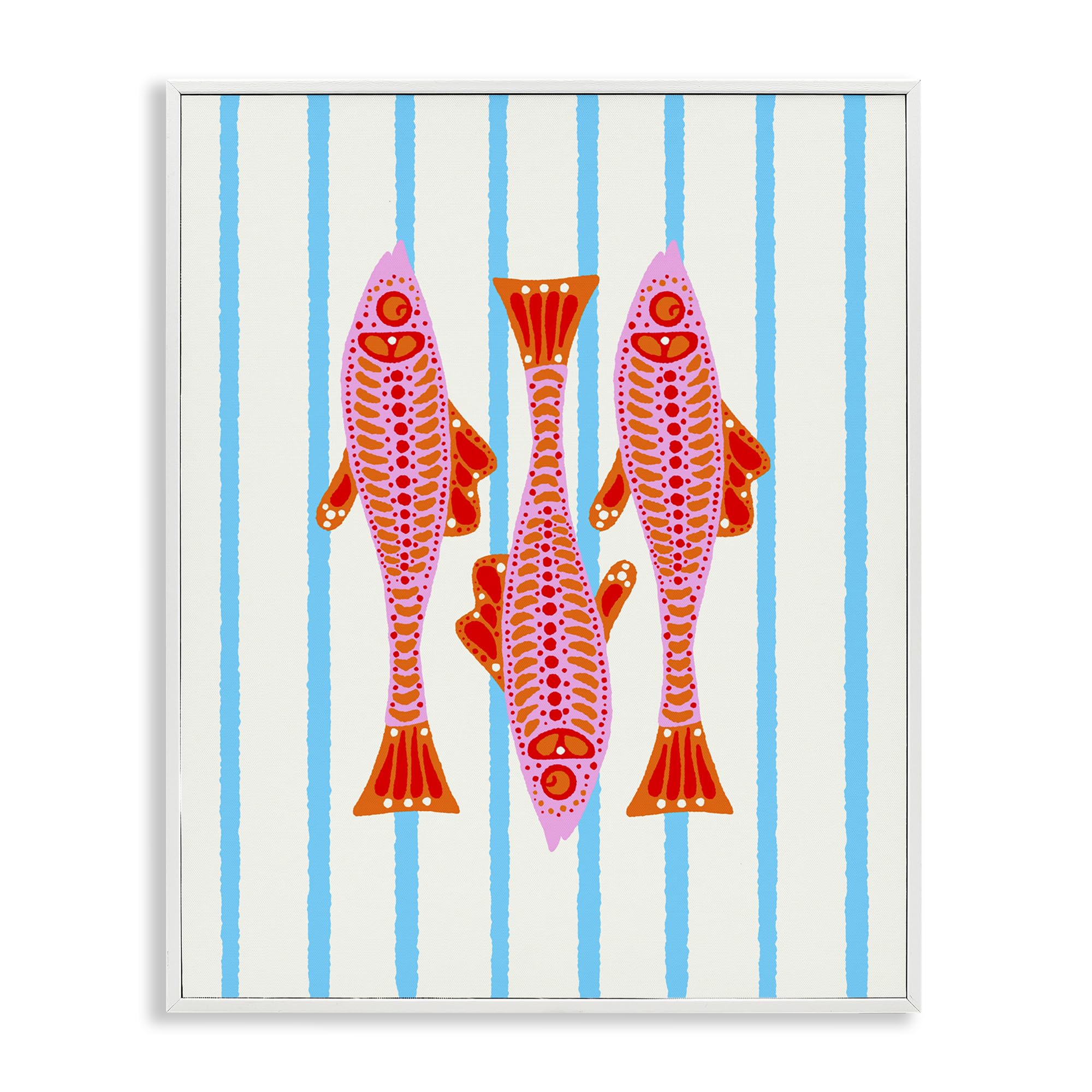 Stupell Industries Coastal White (Textured) 'Bright Aquatic Fish On Stripes'| Framed Giclee Art