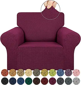 KEKUOU Stretch Single Sofa Slipcover 1 Piece Couch Sofa Cover (31"-55") Furniture Protector 1 Seater Sofa with Elastic Bottom for Kids,Pet.Jacquard Small Checked Pattern Fabric(Small,Wine)