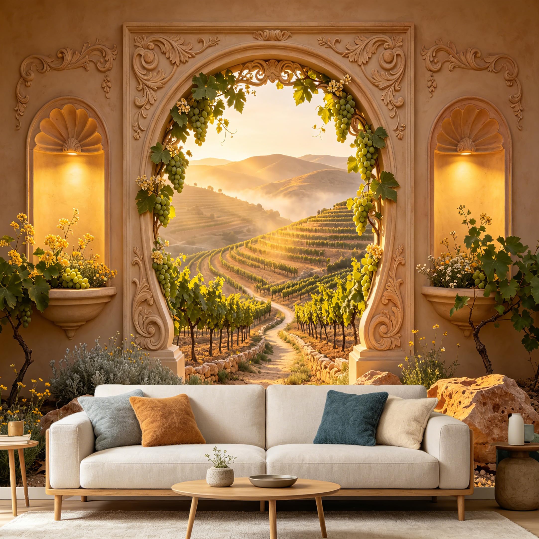 Custom Size Wall Mural， Tuscan Vineyard Landscape 3D Archway， SelfAdhesive Art Prints wall Fabric Removable Large Wallpaper Home Living Room Decor， Nature Scenic View