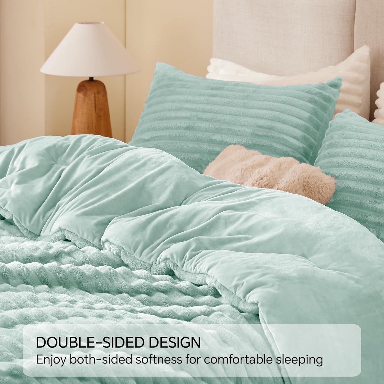 BEDELITE Fleece Queen Comforter Set -Super Soft & Warm Fluffy Light Green Bedding, Luxury Fuzzy Heavy Bed Set for Winter with 2 Pillow Cases - Image 5