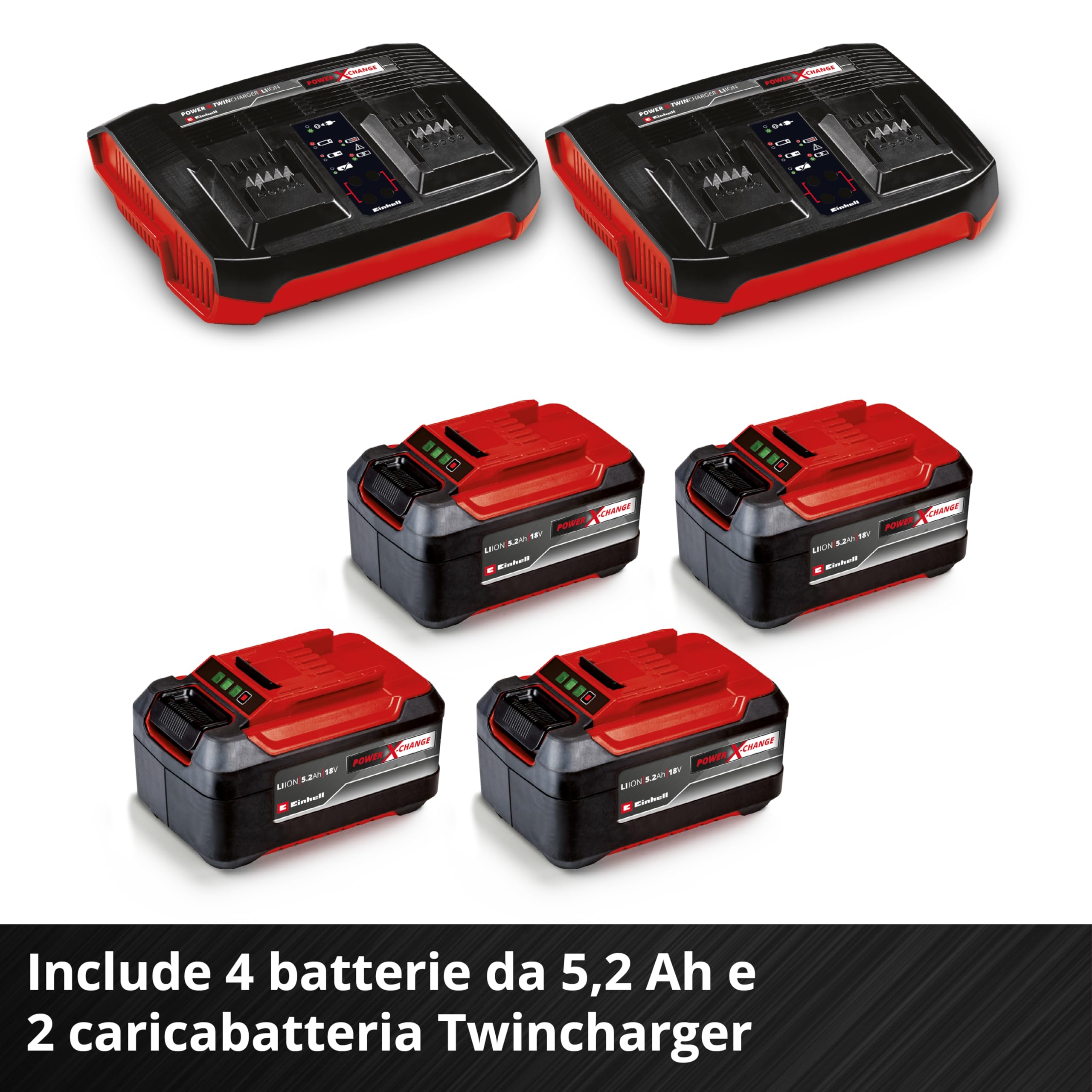 Einhell tosaerba GP-CM 36/52 S Li BL Kit Power X-Change (36 V, larghezza di taglio 52 cm, fino a 1200 m², Brushless, cesto da 65 litri, ruota motrice, incl. 4 batt. da 5,2 Ah + 2 Twincharger)