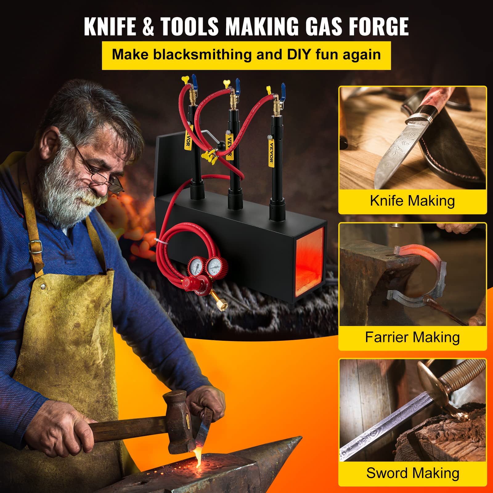 VEVOR Forja de cuchillos de propano, horno de herrero con tres quemadores, forja de metal cuadrada portátil con una sola puerta duradera, gran capacidad, para herrería, fabricación de cuchillos,