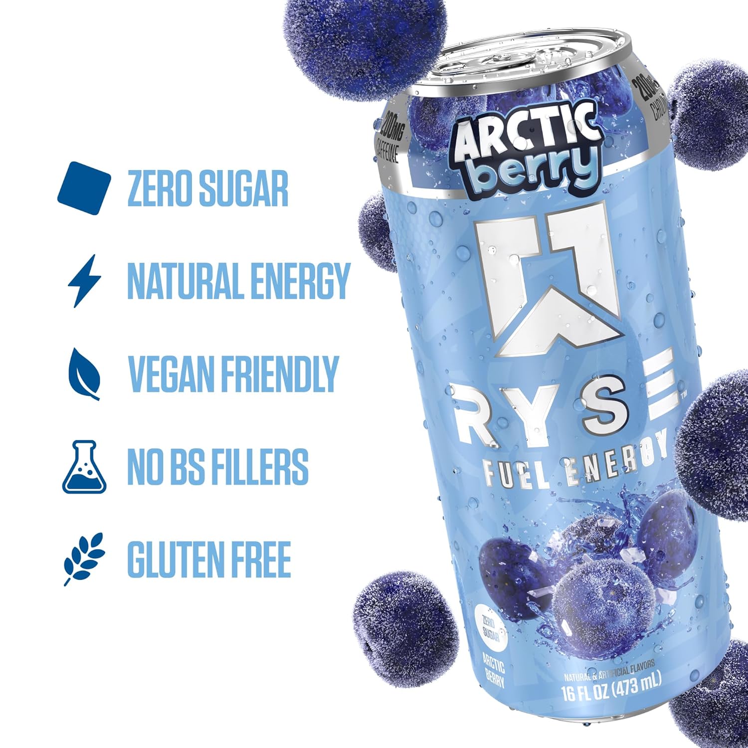 RYSE Fuel Energy Drink - Arctic Berry - Sugar Free, Gluten Free & Vegan - 200mg Natural Caffeine, Taurine & Choline for Focus & Energy - No Artificial Colors - 16 fl oz Cans (12-Pack) - Image 4