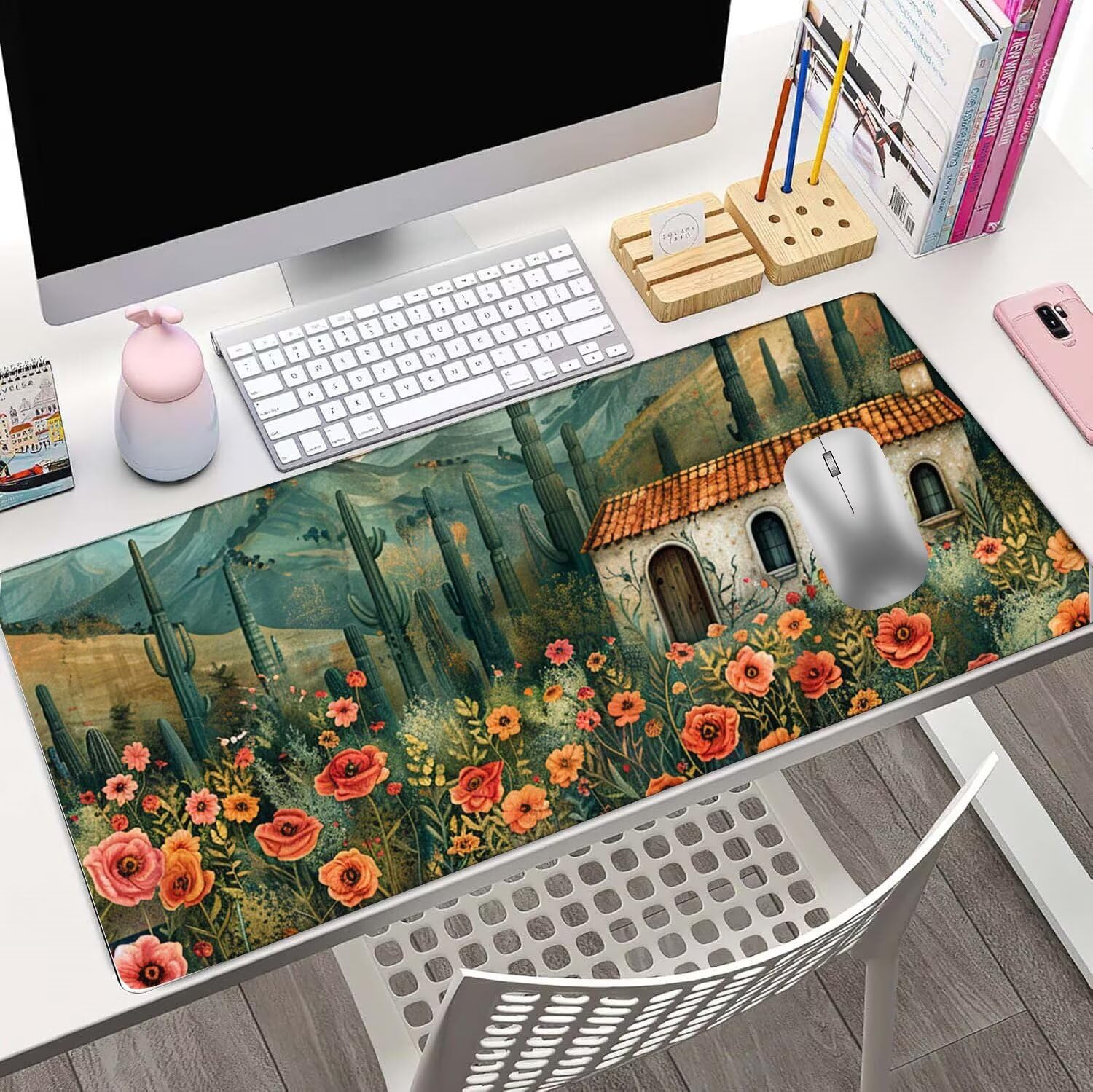 Podkładka pod mysz 1500 x 800 x 3 mm kaktus pod rękę biurko kwiat wodoodporna antypoślizgowa, zmywalna gumowa podstawa, ulepszona szybkość i precyzja, podkładka pod mysz do ochrony biura, domu, PC K7