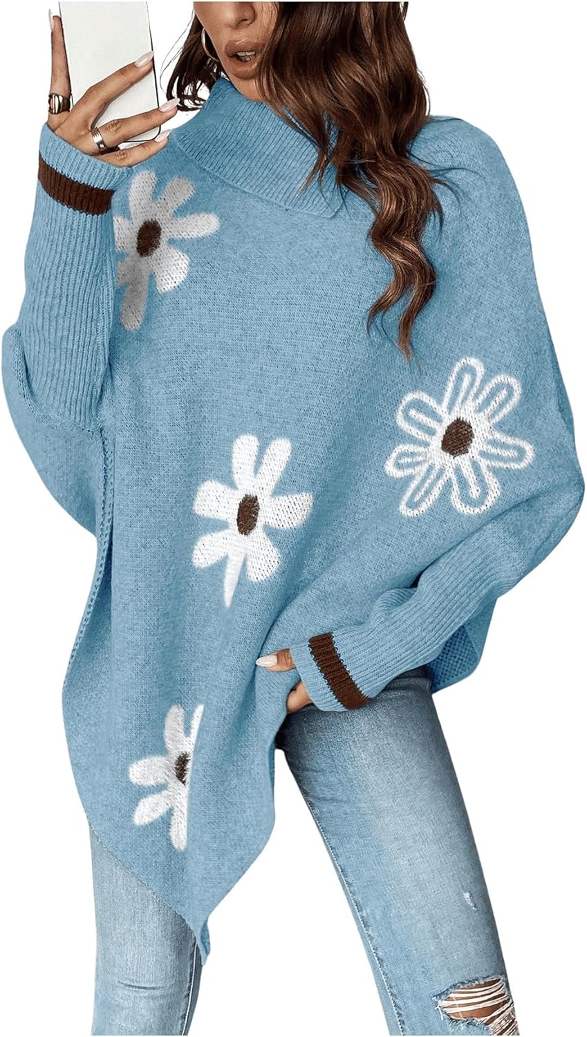 Women's Floral Poncho Sweater Long Sleeve Turtleneck Chunky Oversized Sweater Trendy Fall Winter Pullover Top