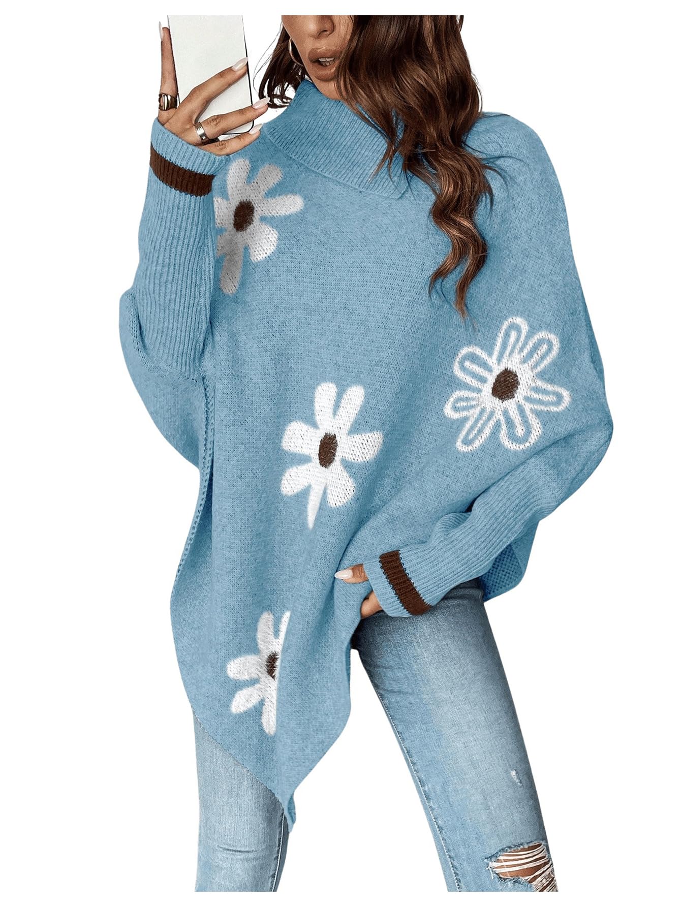 Womens Floral Poncho Sweater Long Sleeve Turtleneck Chunky Oversized Sweater Trendy Fall Winter Pullover Top