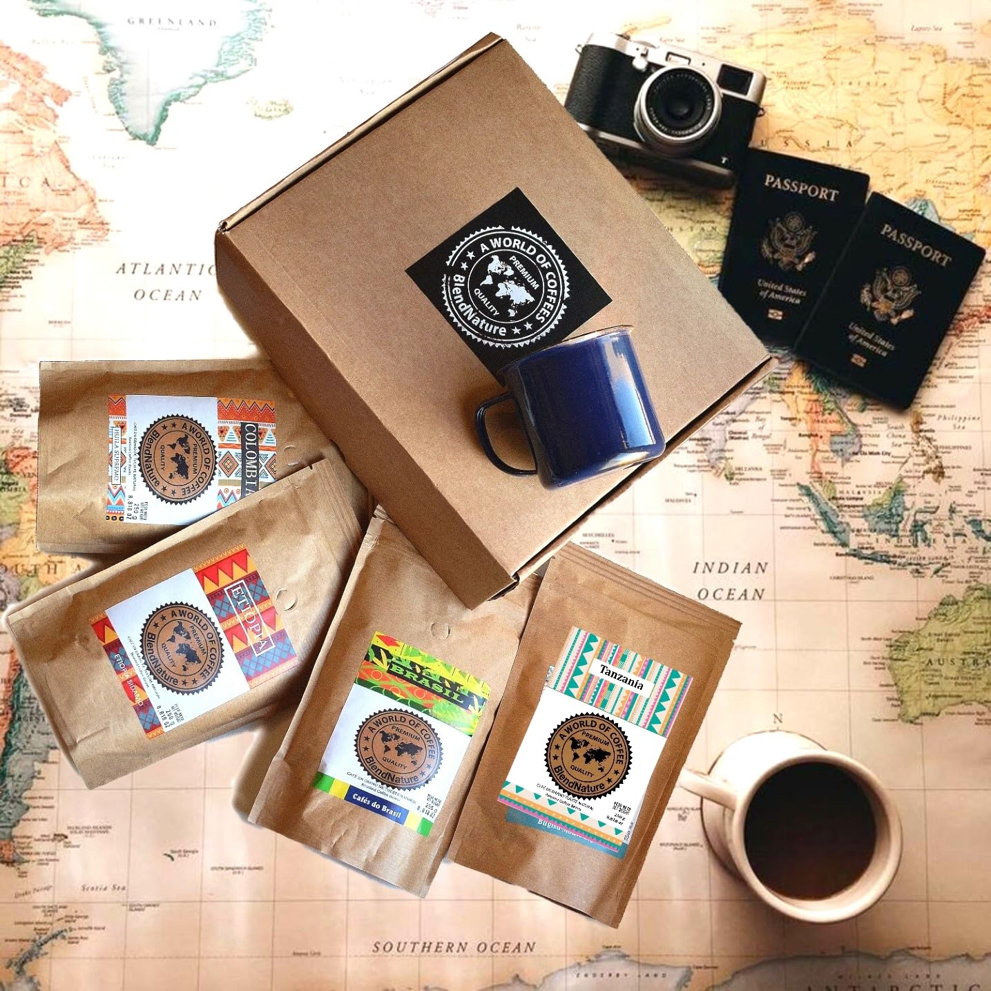 Café pack 4 x 250g en Grano - Seleccion mejores Cafes del mundo Arabicas +Brasil Colombia Etiopia y Tanzania + Caja regalo + Taza vintage - Maxima calidad avalada por la SCA