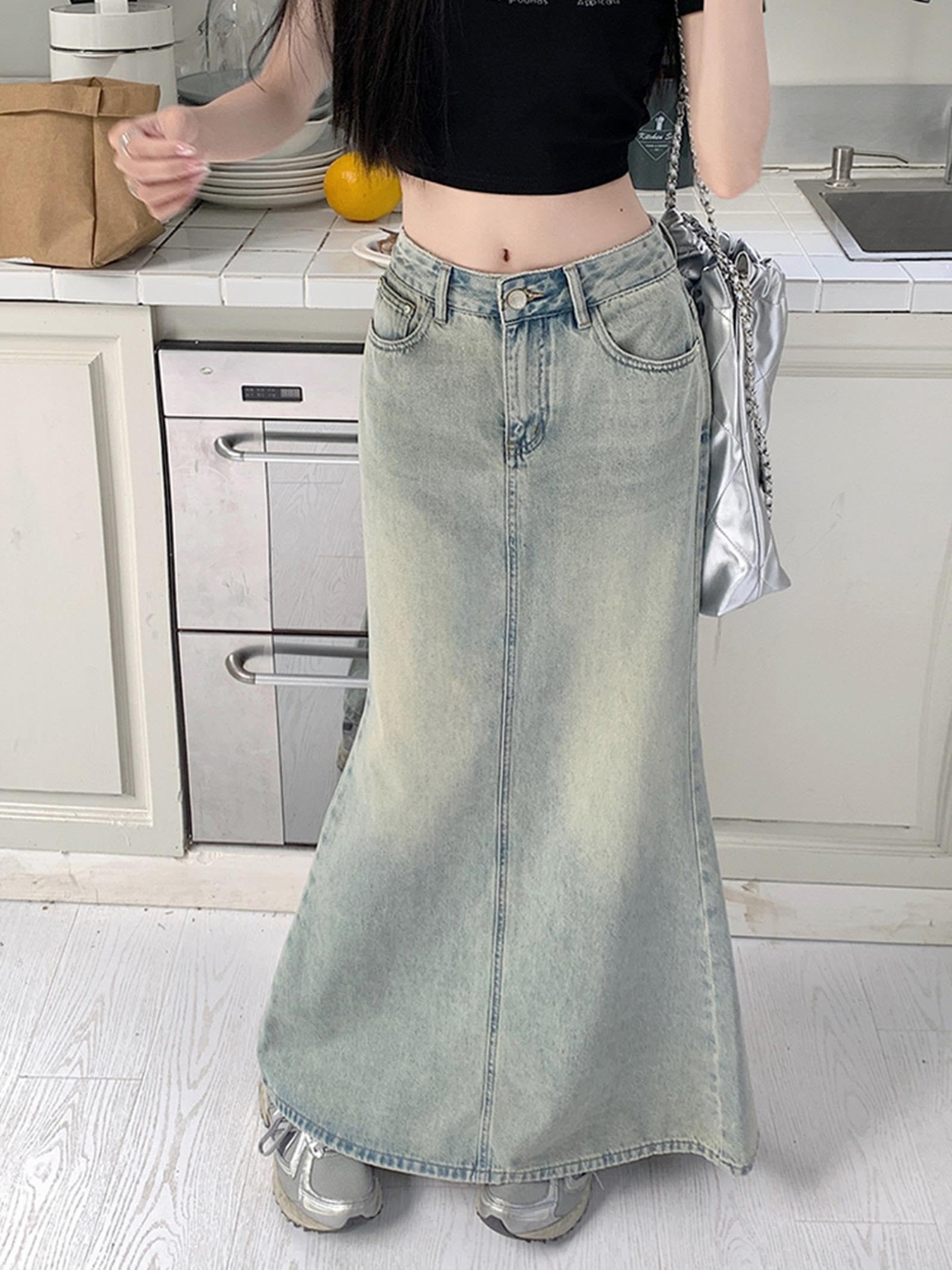 NOGRAX Satinrock Maxi Verzweifeltes Jeansrock Für Frauen Taschenrücken Schlanker Hüfte Wrap Long Jeans Rock Weiblich