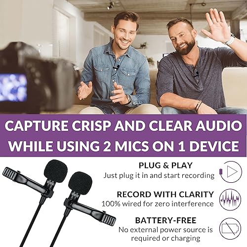 Miniatura 2 de Purple Panda Kit de micrófono de solapa de doble entrevista (2 unidades) para podcast, micrófono omnidireccional profesional con clip Lav,