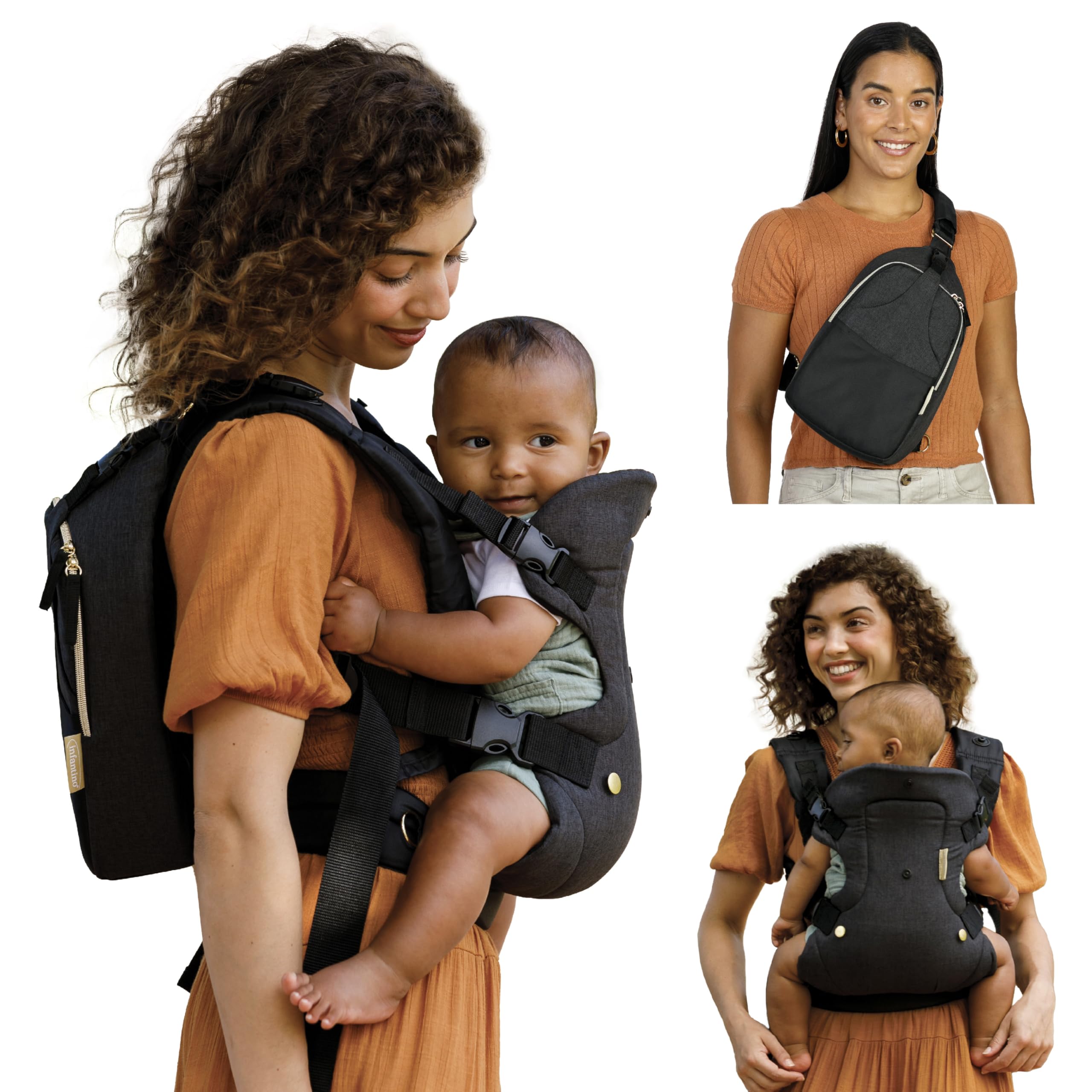 Infantino The Flip 4-in-1 Convertible Baby Carrier & Crossbody Diaper Bag - Grow-with-Me Carrier with Attachable Crossbody Diaper Bag, Black and Gold, 2-Piece Set