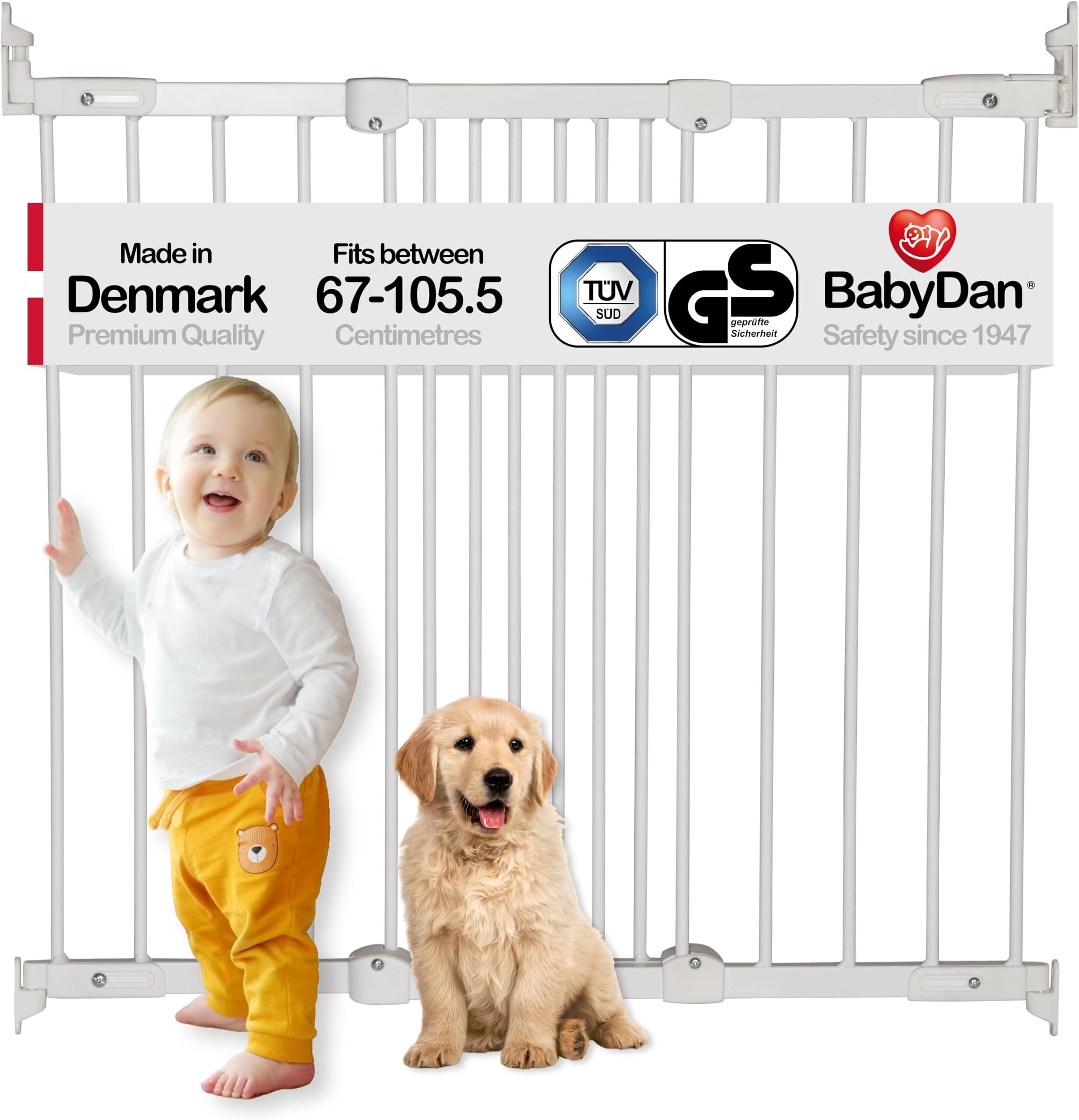 BabyDan FlexiFit, Covers openings between 67-105.5 cm/26.4-41.5 inches, Extendable and Flexible Stair Gate/Baby Gate/Safety Gate, Metal, White, Made in Denmark - (Pet Gate/Dog gate)