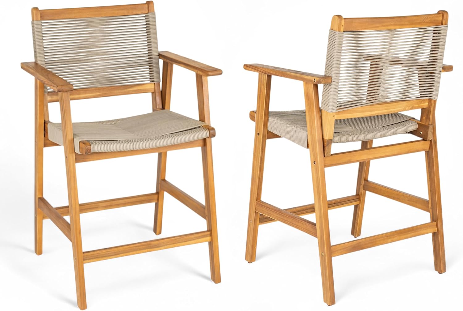 Christopher Knight Home Pleta Patio Barstool Set of 2, Acacia Wood & Beige Rope Outdoor Counter Stool with Armrest/Footrest, Natural Wooden Barstool Chairs for Backyard Balcony Garden, Beige + Teak