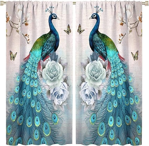 Miniatura 66 de Cortina opaca con estampado de pavo real, con estampado de animales retro, con bolsillo para cortinero y flores de peonía doradas, para dormitorio,