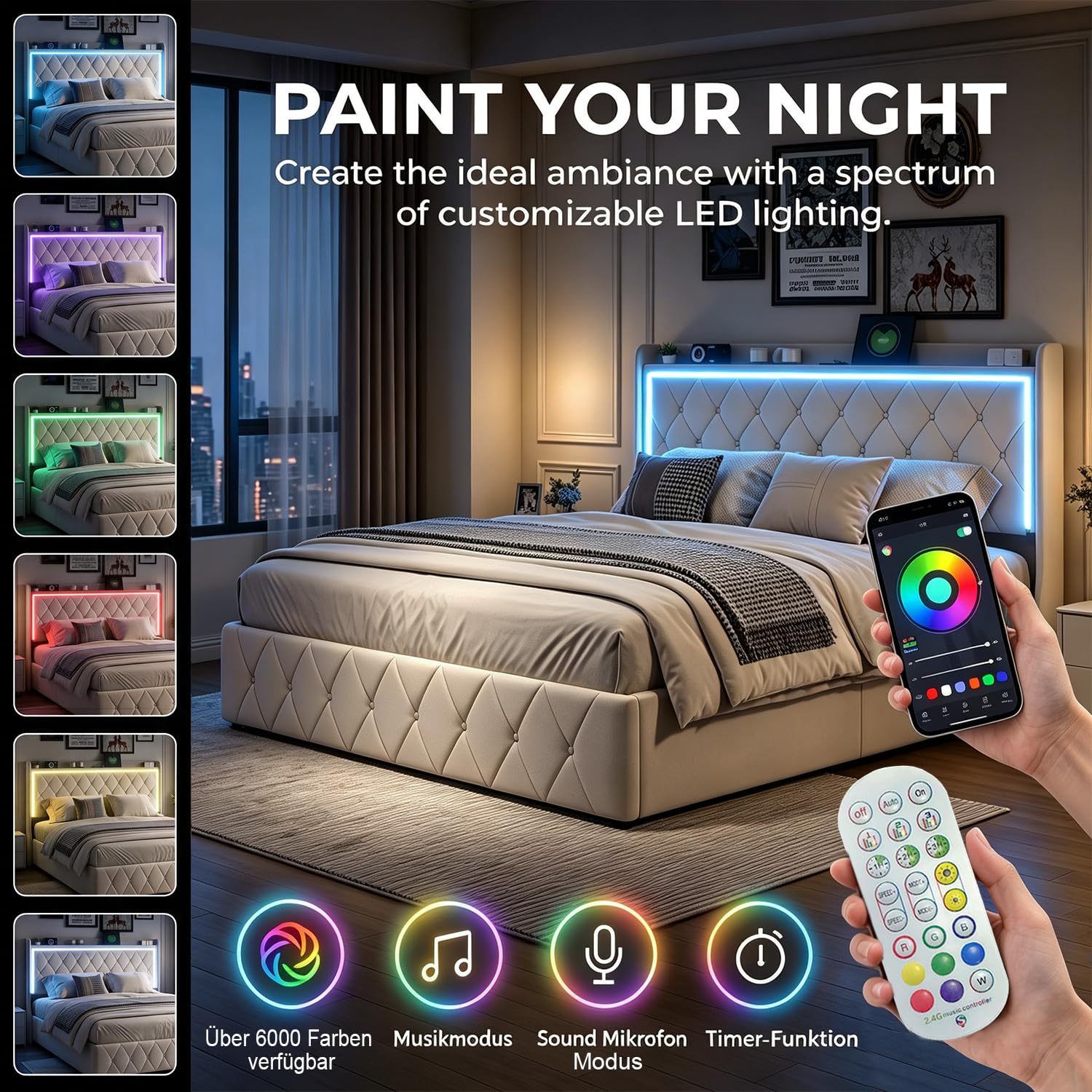 DADEA Cama Matrimonio 140x200 con LED y USB, Camas Matrimoniales con Canapé, Cama Doble Matrimonio Moderna con CabeceroCama Tapizada 140x200 con Almacenaje Camas Adultos con Somier, Sin colchón