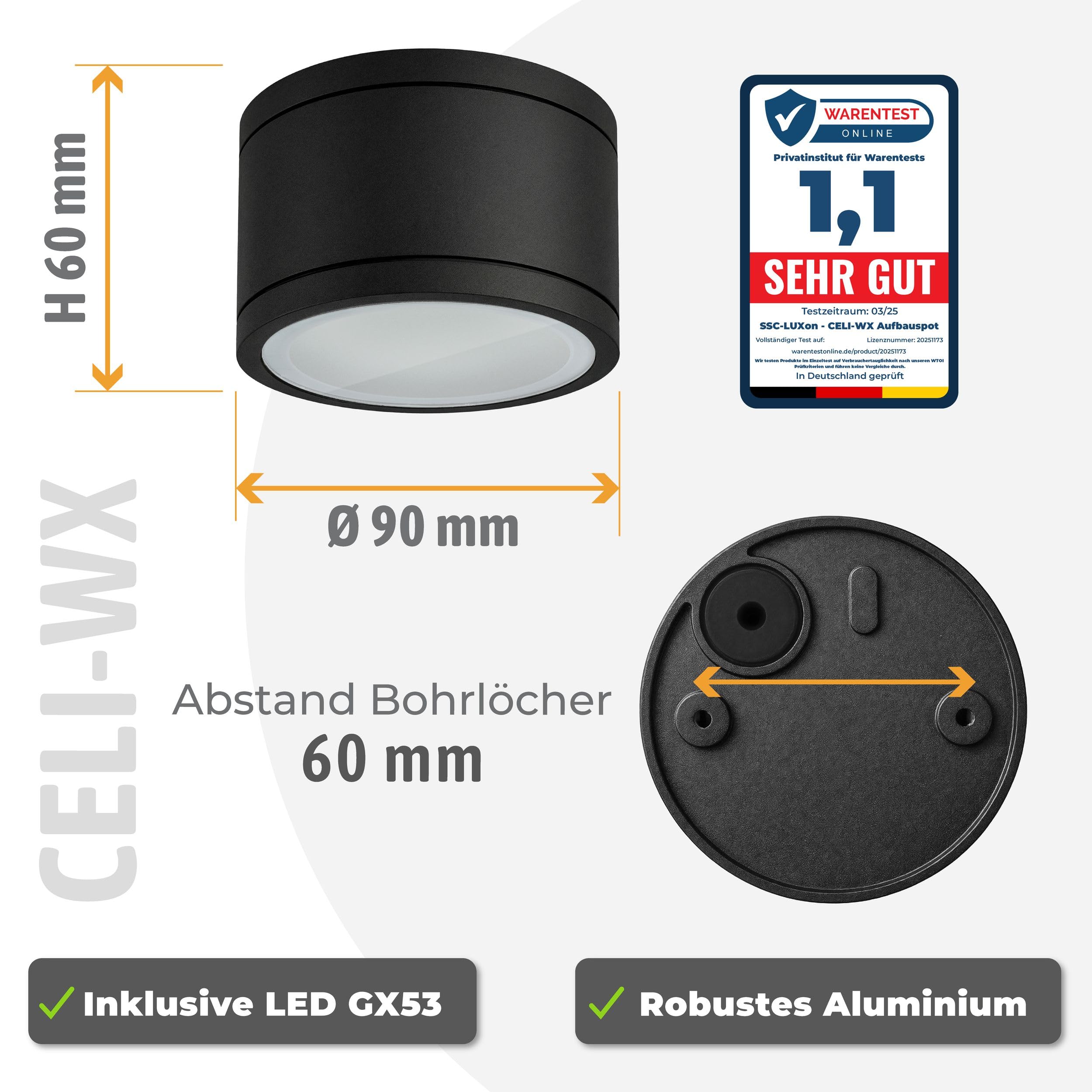SSC-LUXon 4 Stück CELI-WX Aufbaustrahler Bad IP44 mit 4x LED Lampe GX53 kompatibel mit Alexa, Siri & Google - Spots WiFi Smart RGBW