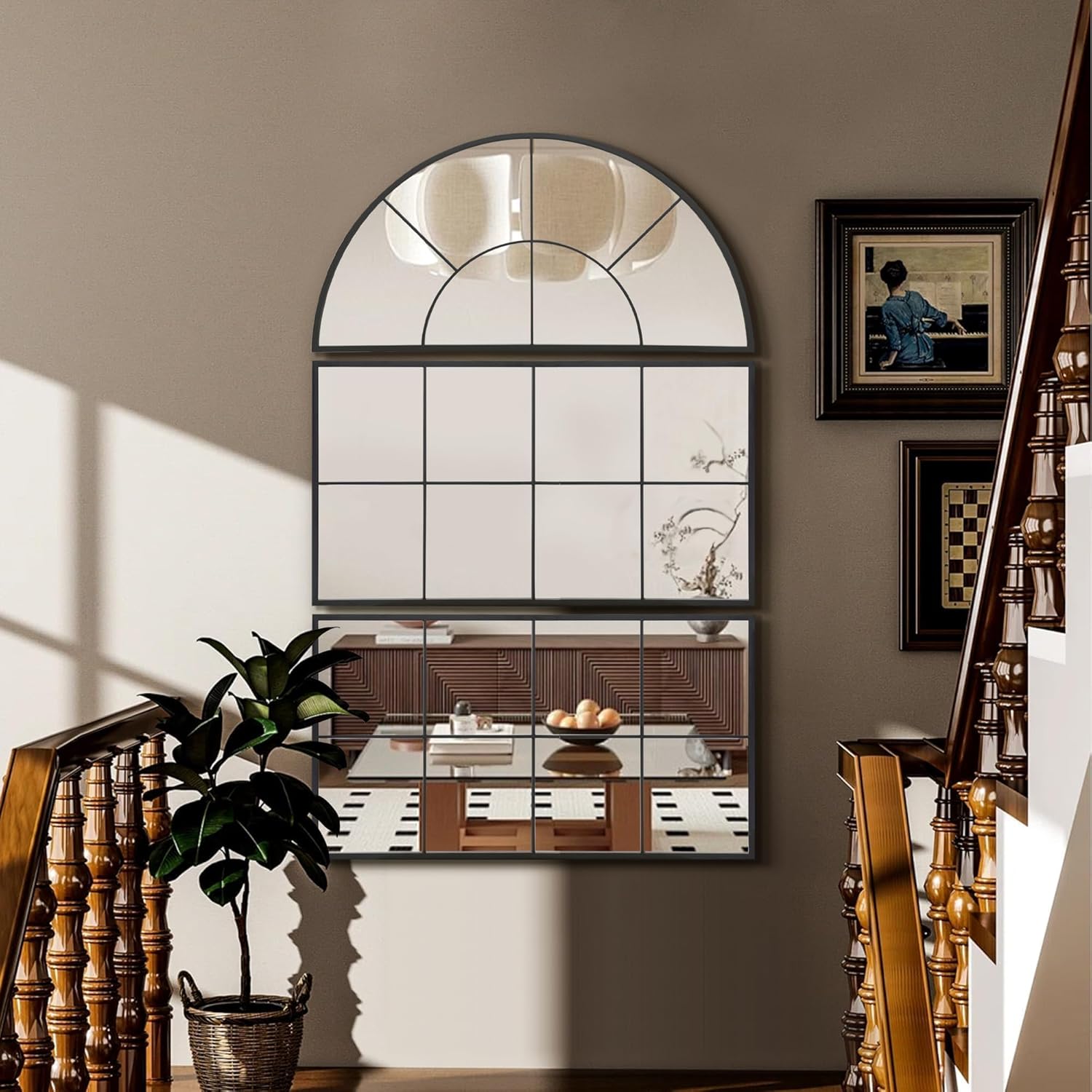 Besdomus Large Black Arched Mirror：40"x60" Classic Window Pane Mirror - 3 Pieces Oversize Wall Decor for Entryway/Hallway/Living Room - Perfect for Home Decor Enthusiast