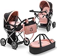 Vista 1 de Cochecito Convertible de Muñeca de Bebé con Portabebés de Viaje Extraíble para Niños, Mango Ajustable, Cochecito con Toldo y Cesta