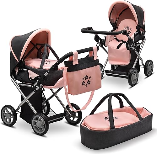 Vista 9 de Cochecito convertible de muñeca con moisés de viaje extraíble para niños, asa ajustable, con toldo y cesta de almacenamiento, 25 pulgadas
